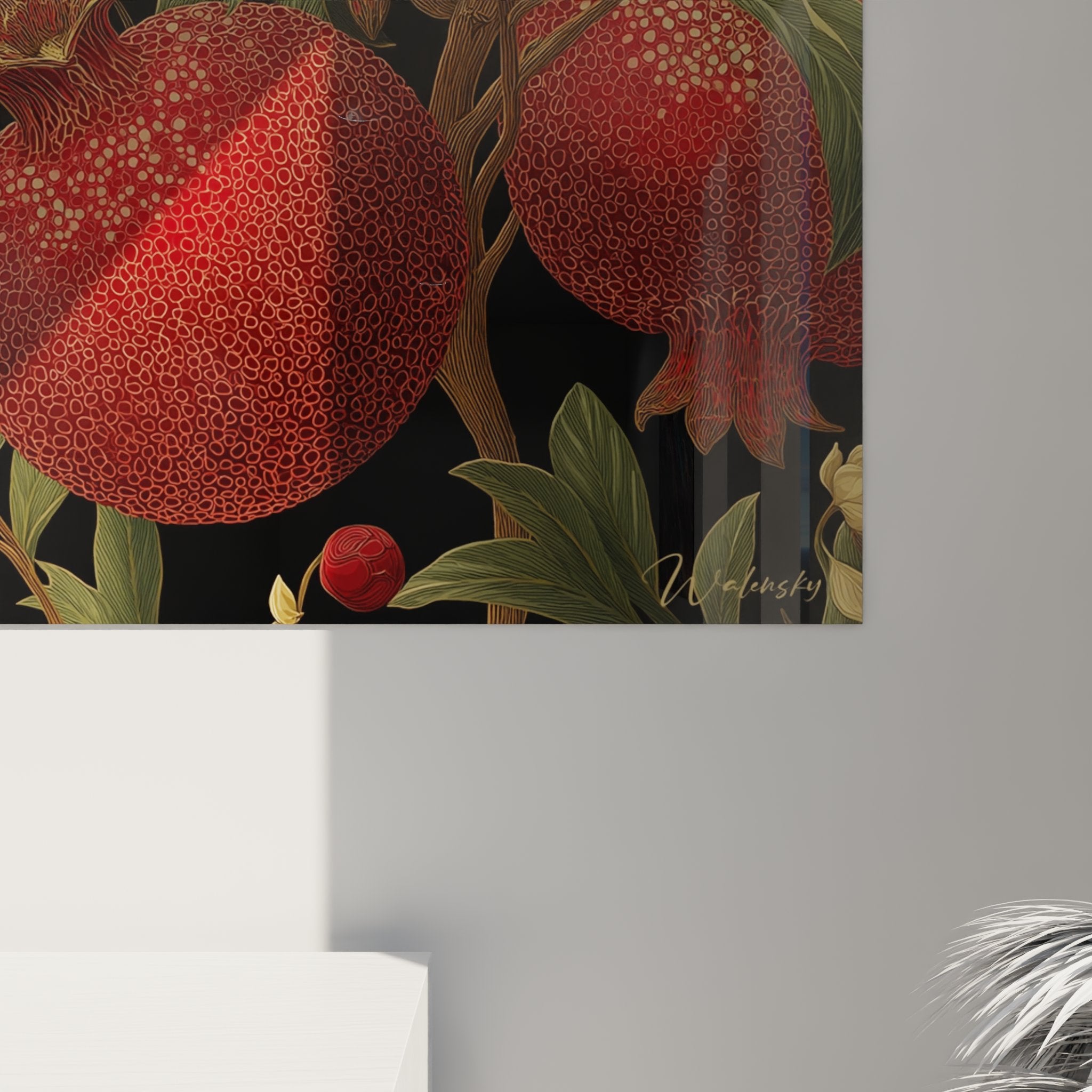 Vue ensemble tableau grenades art deco motifs repetitifs branches entrelacees fond noir decoration raffinee