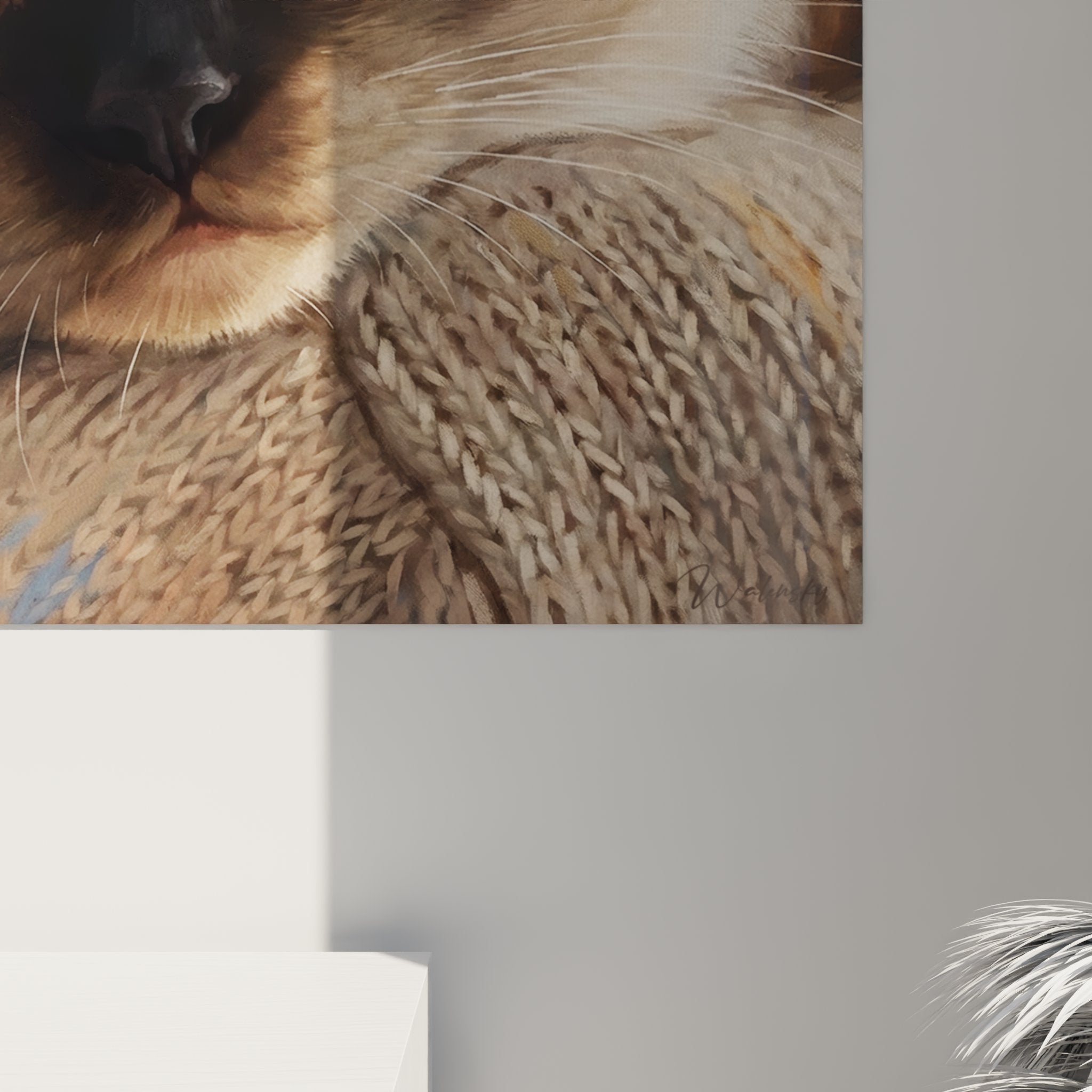 Übersicht Wandbild Balinesische Katze, quadratisches Format dekoratives Kunstwerk, zeitgenössischer realistischer Stil für Wohnzimmer