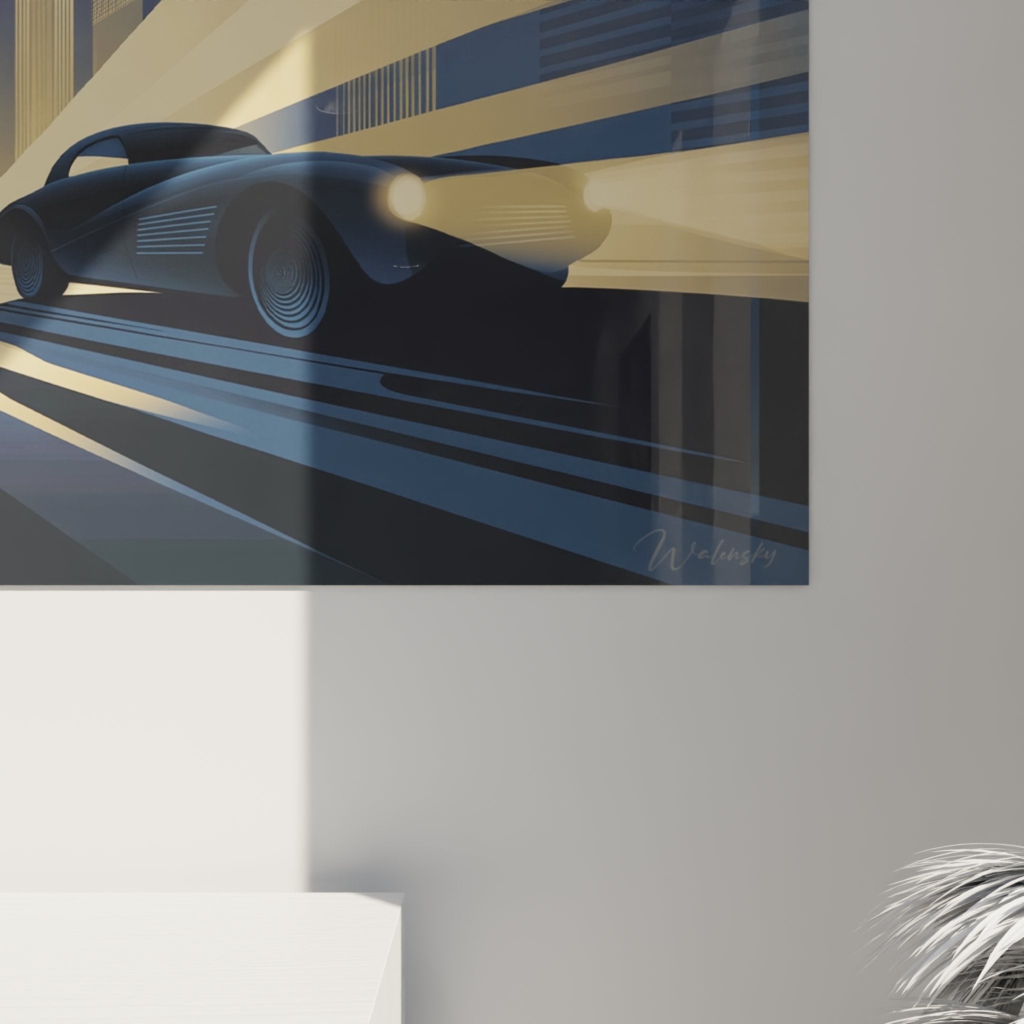 Vista d'insieme opera d'arte deco automobilistica con prospettiva dinamica grattacieli ed effetti luminosi modernisti