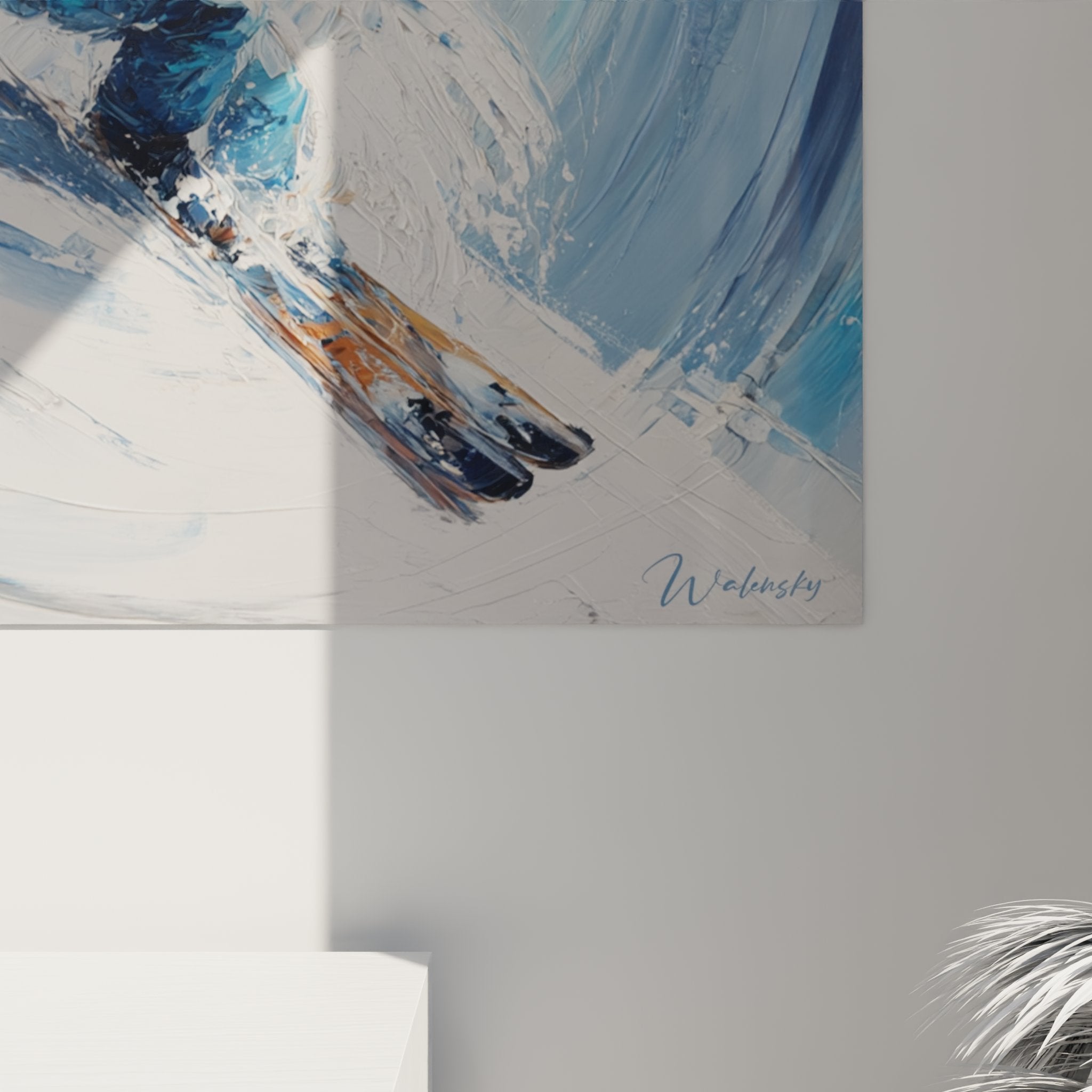 Vue d'ensemble tableau ski mural montrant skieur dynamique dans tourbillon neige style moderne