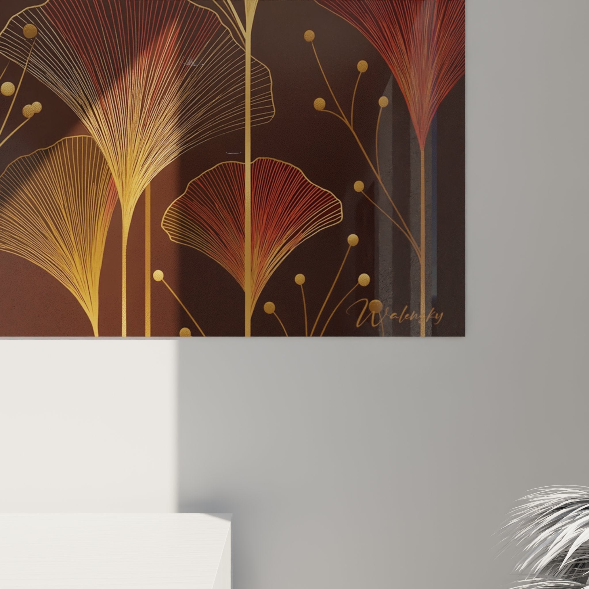 Vue d'ensemble tableau art deco ginkgo dore composition florale stylisee fond brun decoration interieure