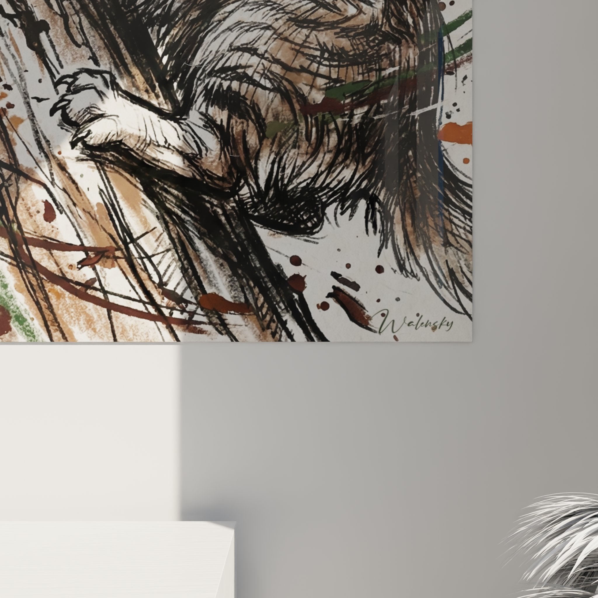 Gesamtansicht des Gemäldes Norwegian Forest Cat auf Baum in einem modernen Wohnzimmer