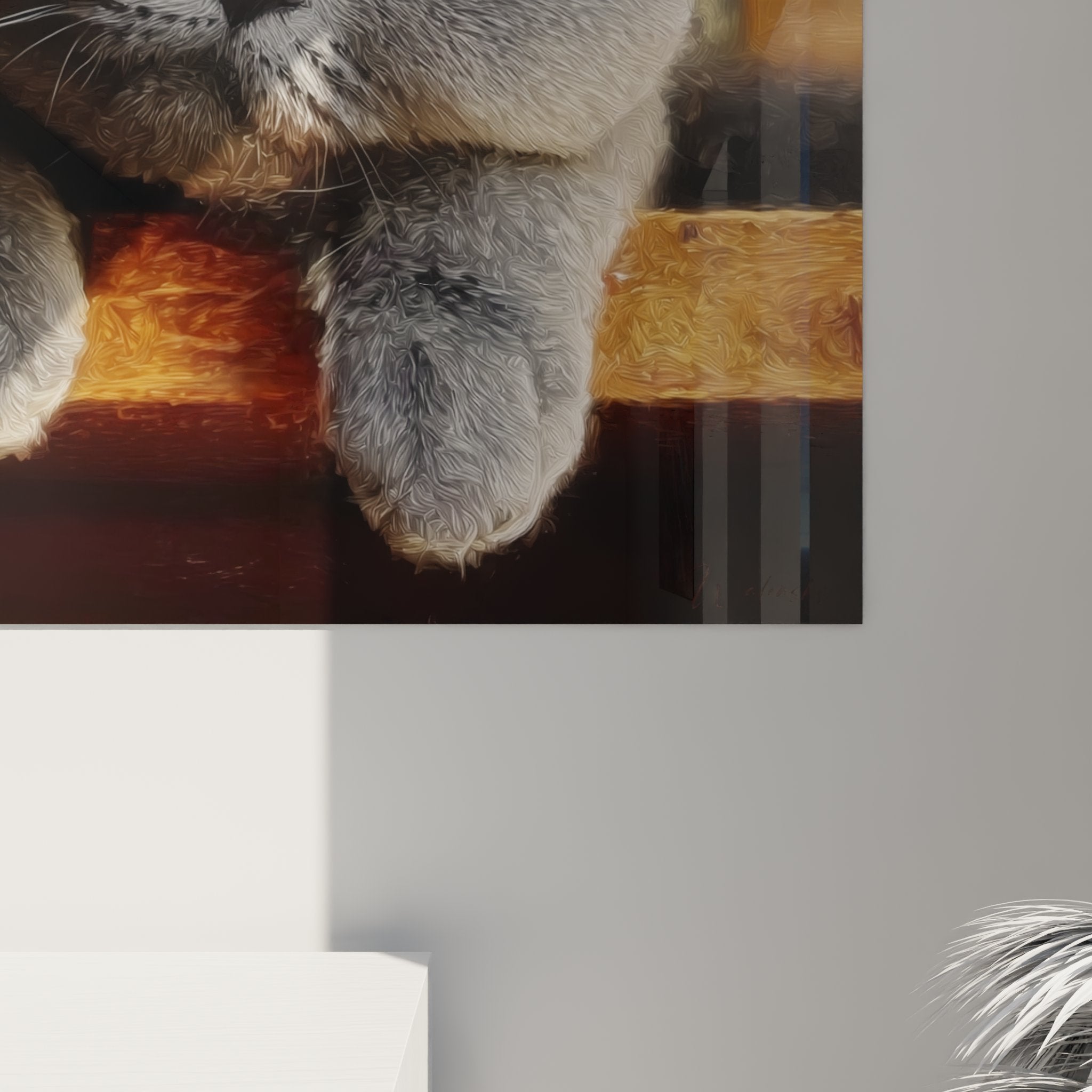 Vista d'insieme del quadro murale British Shorthair in soggiorno, integrazione decorativa armoniosa stile contemporaneo