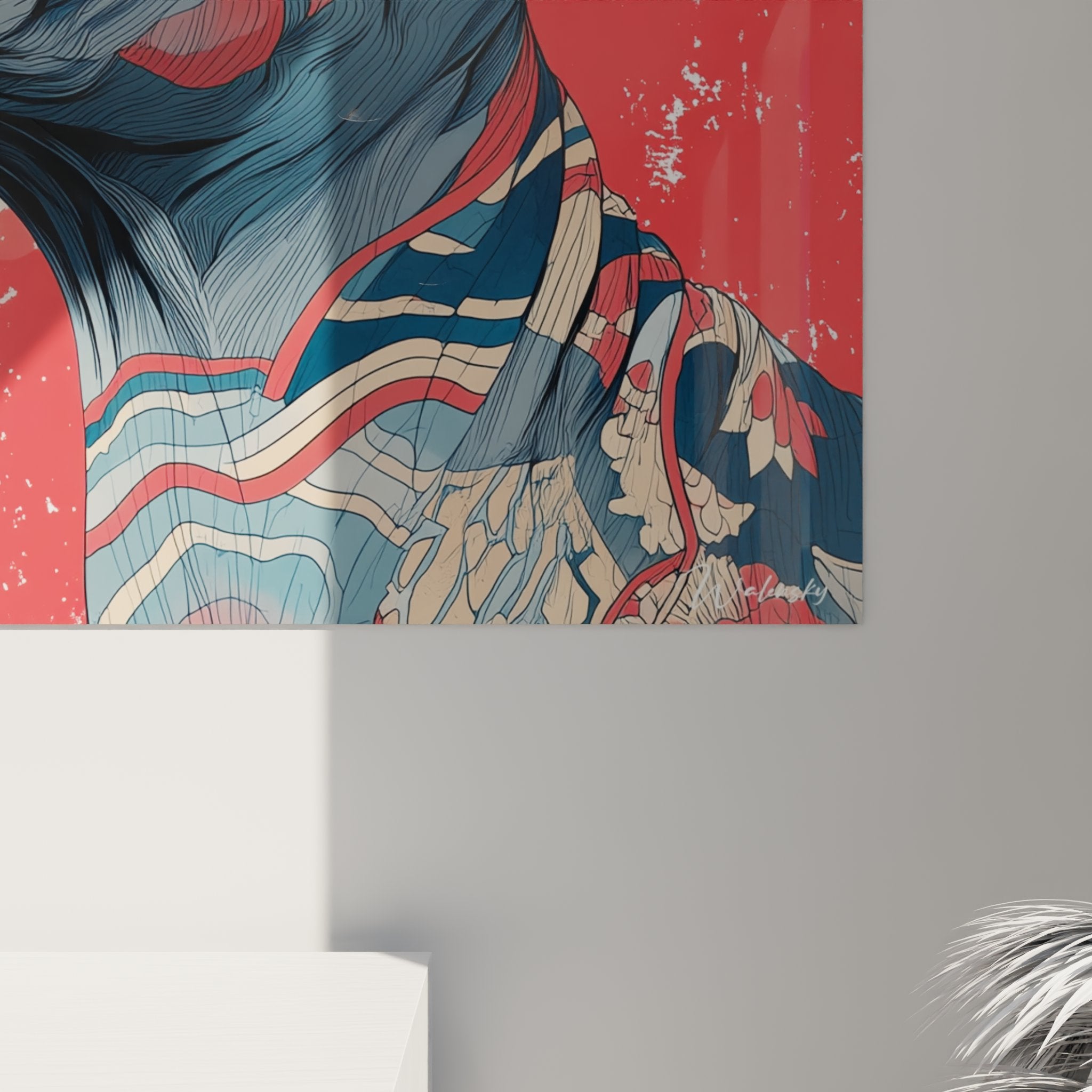 Vista d'insieme del quadro gatto Sphynx warrior in un interno contemporaneo, decorazione murale moderna