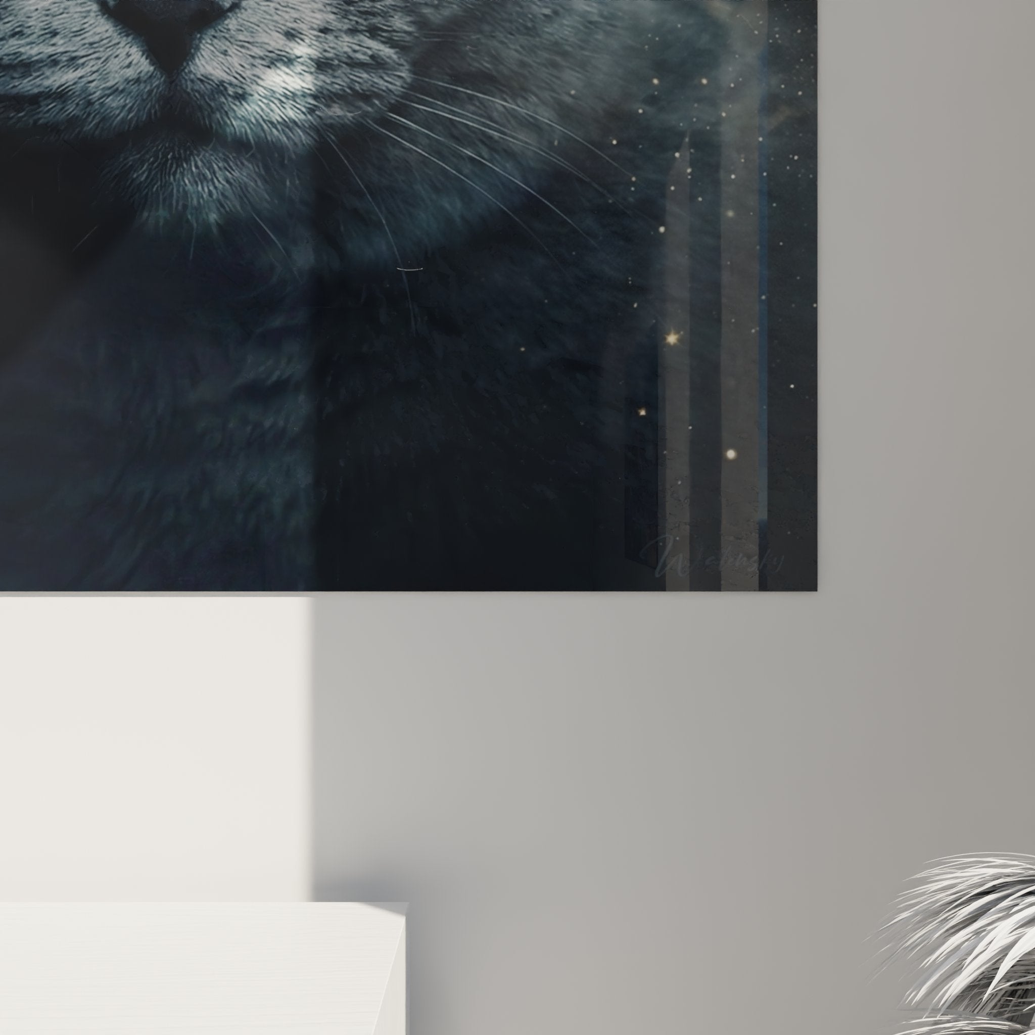 Vue d'ensemble tableau mural chat British Shorthair fond cosmique etoiles, art animalier contemporain