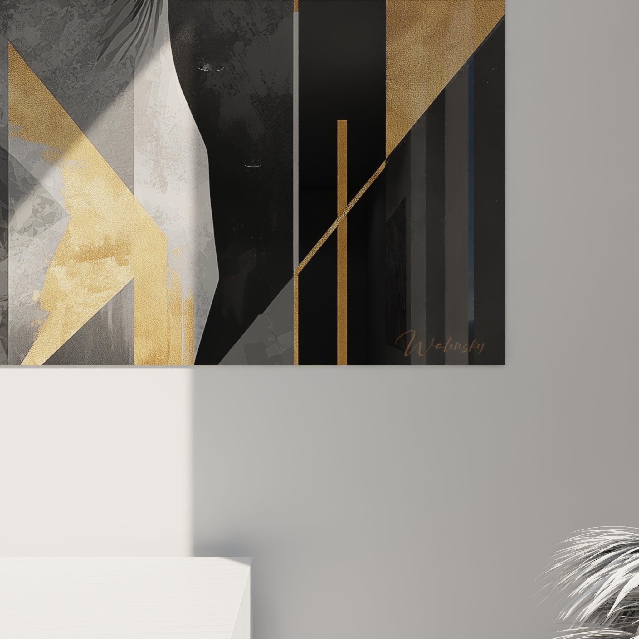 Visione d'insieme quadro murale gatto Peterbald art déco in interno design con illuminazione moderna sofisticata