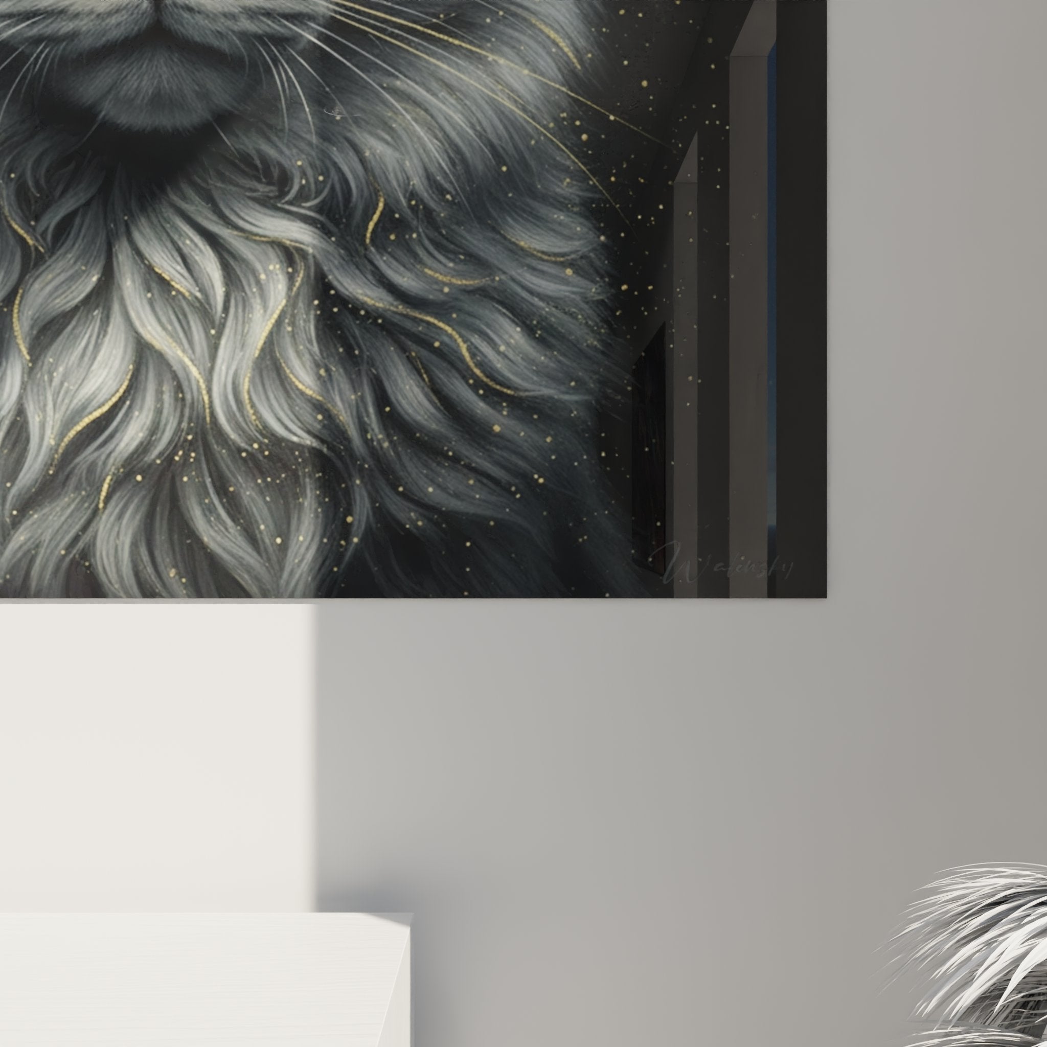 Gesamtansicht Gemälde Nebelung-Katze Wanddekoration, künstlerisches Katzenporträt grüne Augen an Wohnzimmerwand