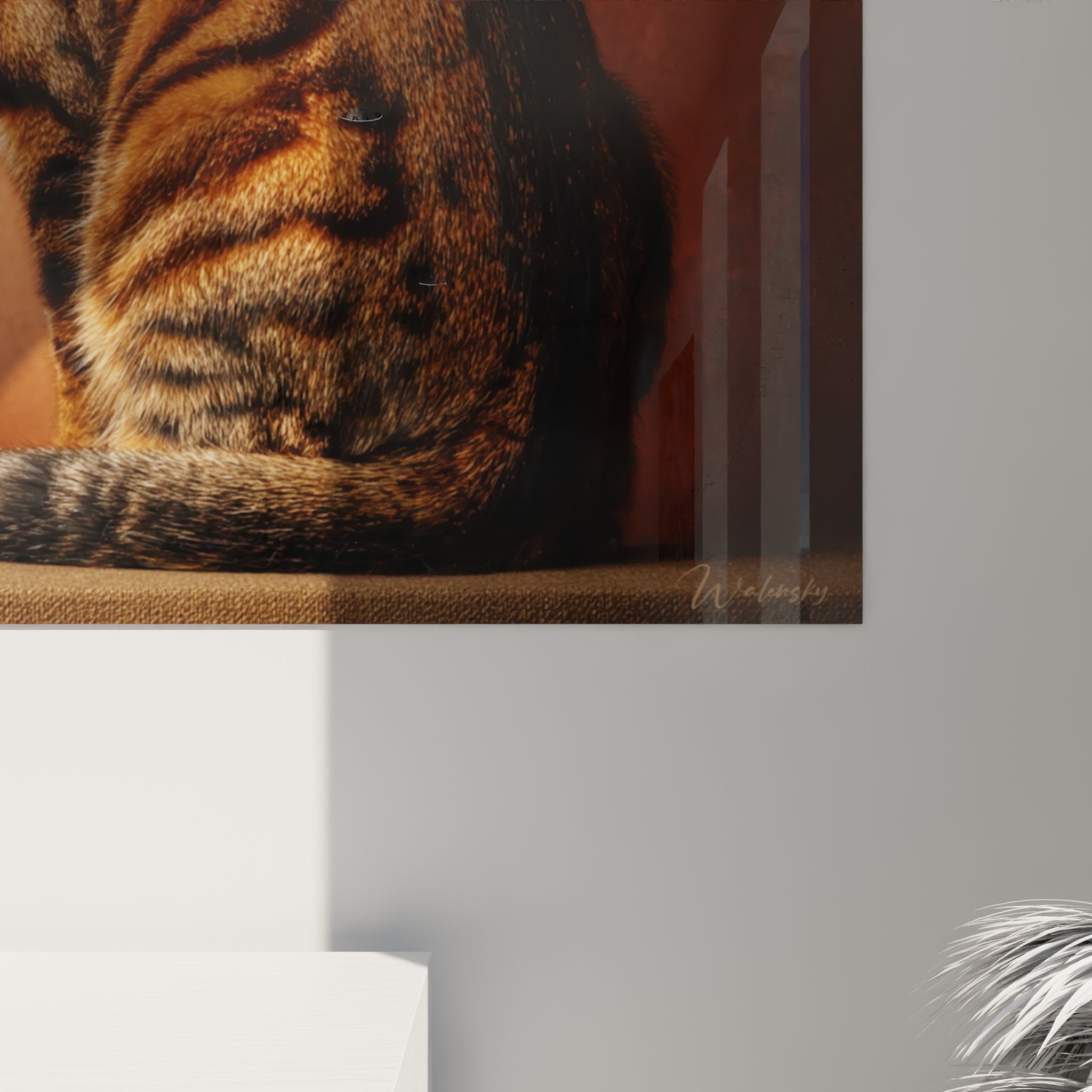 Übersicht Wandbild Katze Toyger im modernen Wohnzimmer, Premium-Felinen-Kunst Inneneinrichtung