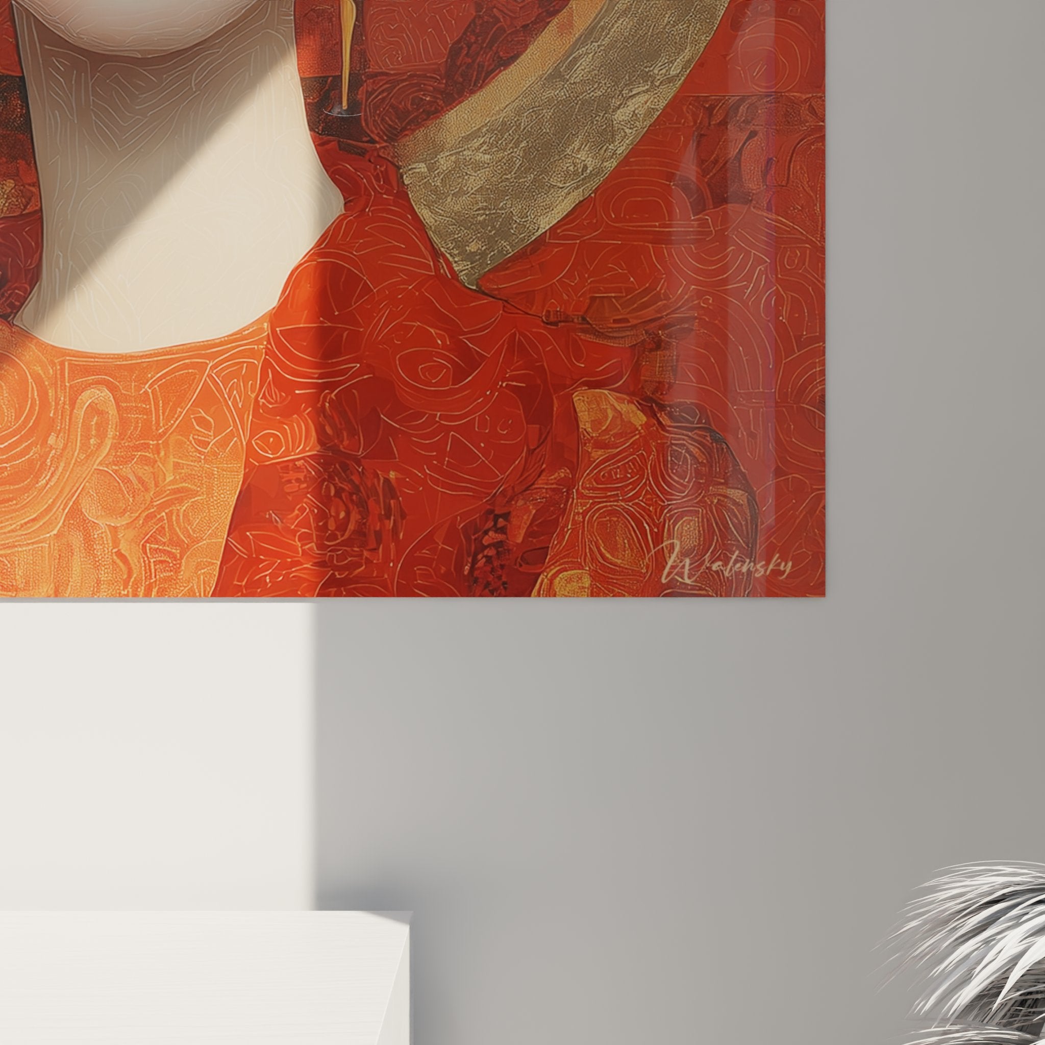 Vista completa quadro murale arte déco donna alone dorato rose rosse decorazione interno moderno