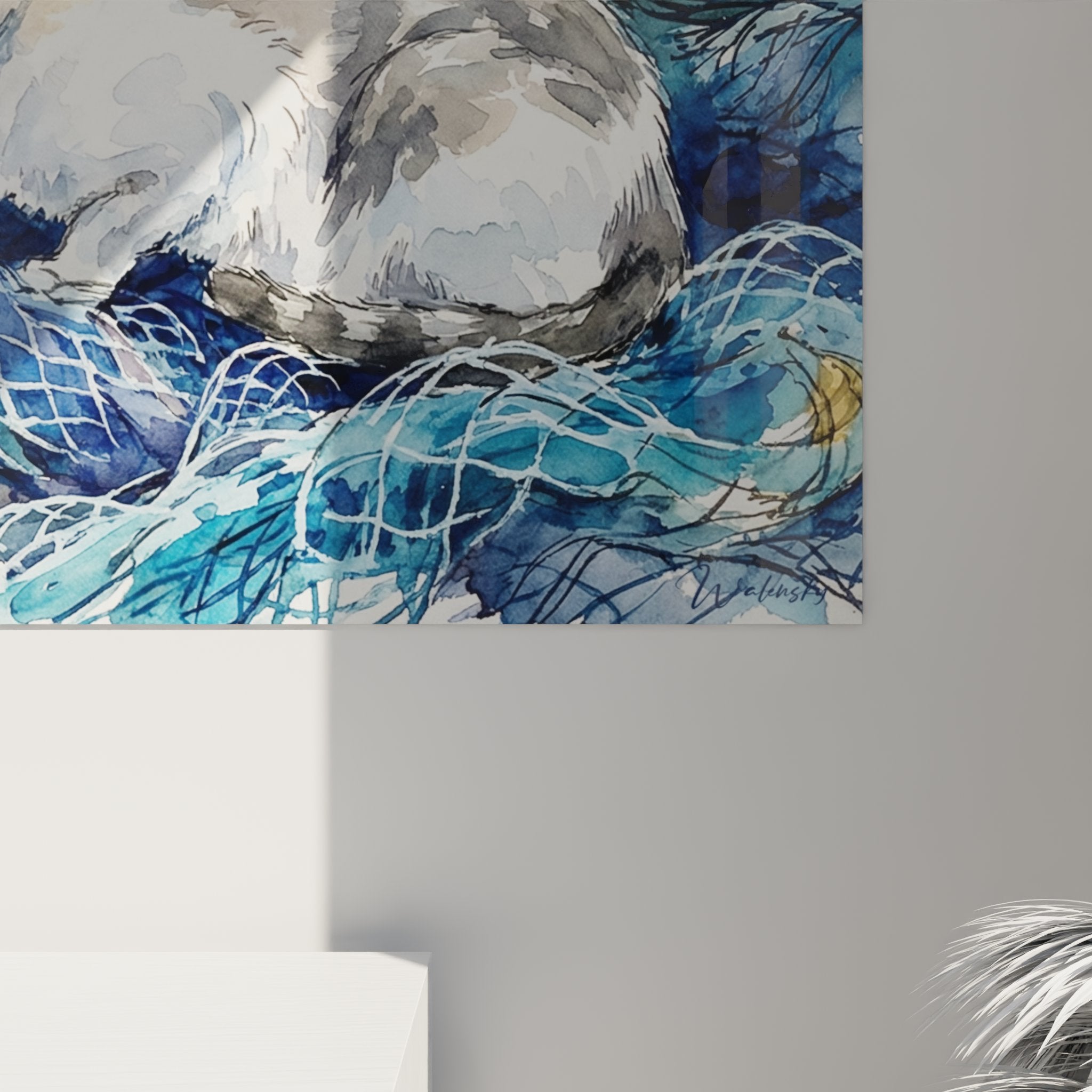 Panoramica del quadro ad acquerello che rappresenta il porto di pesca con barche bianche e gatto