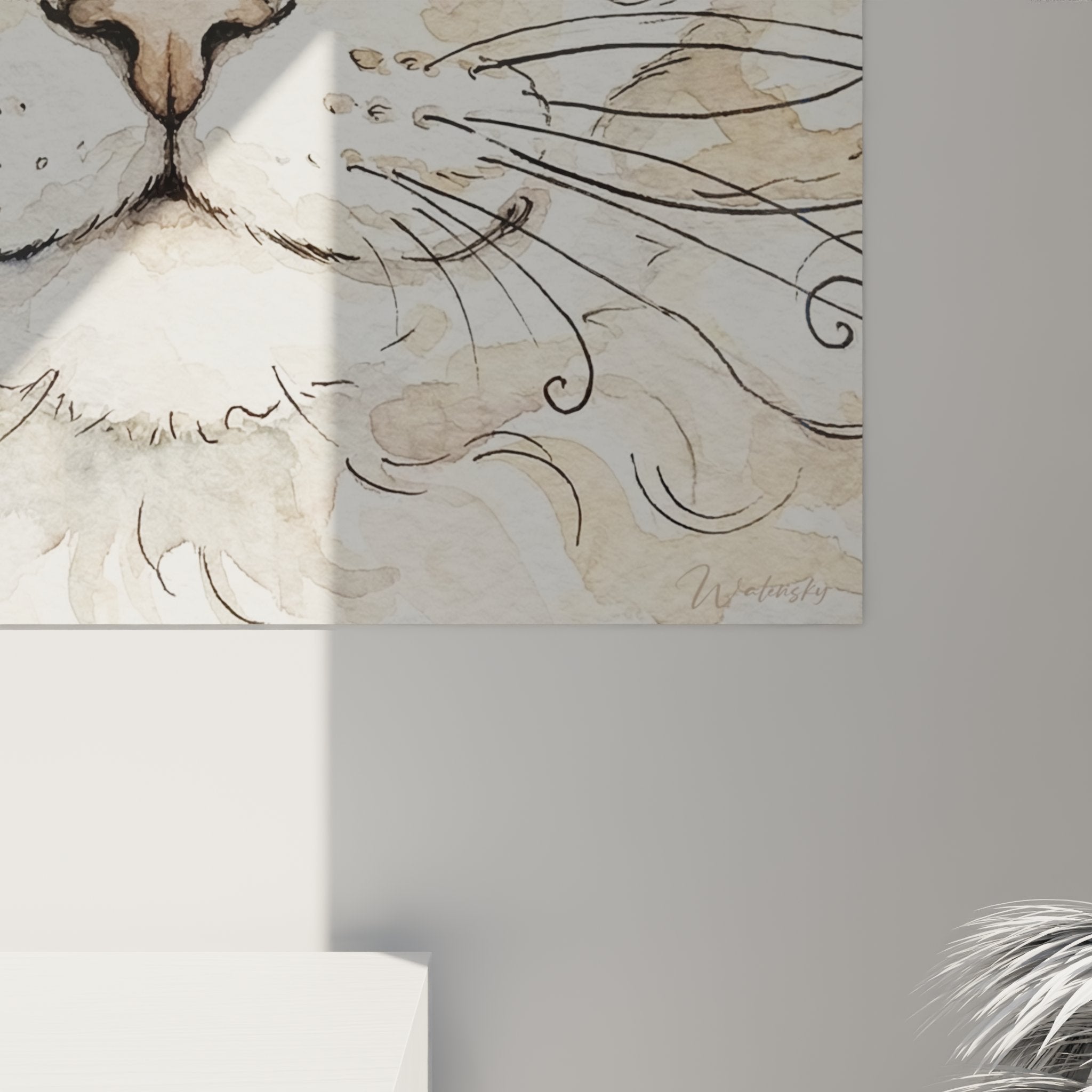 Vista d'insieme quadro gatto acquerello occhi verdi decorazione murale arte animale stile Laperm