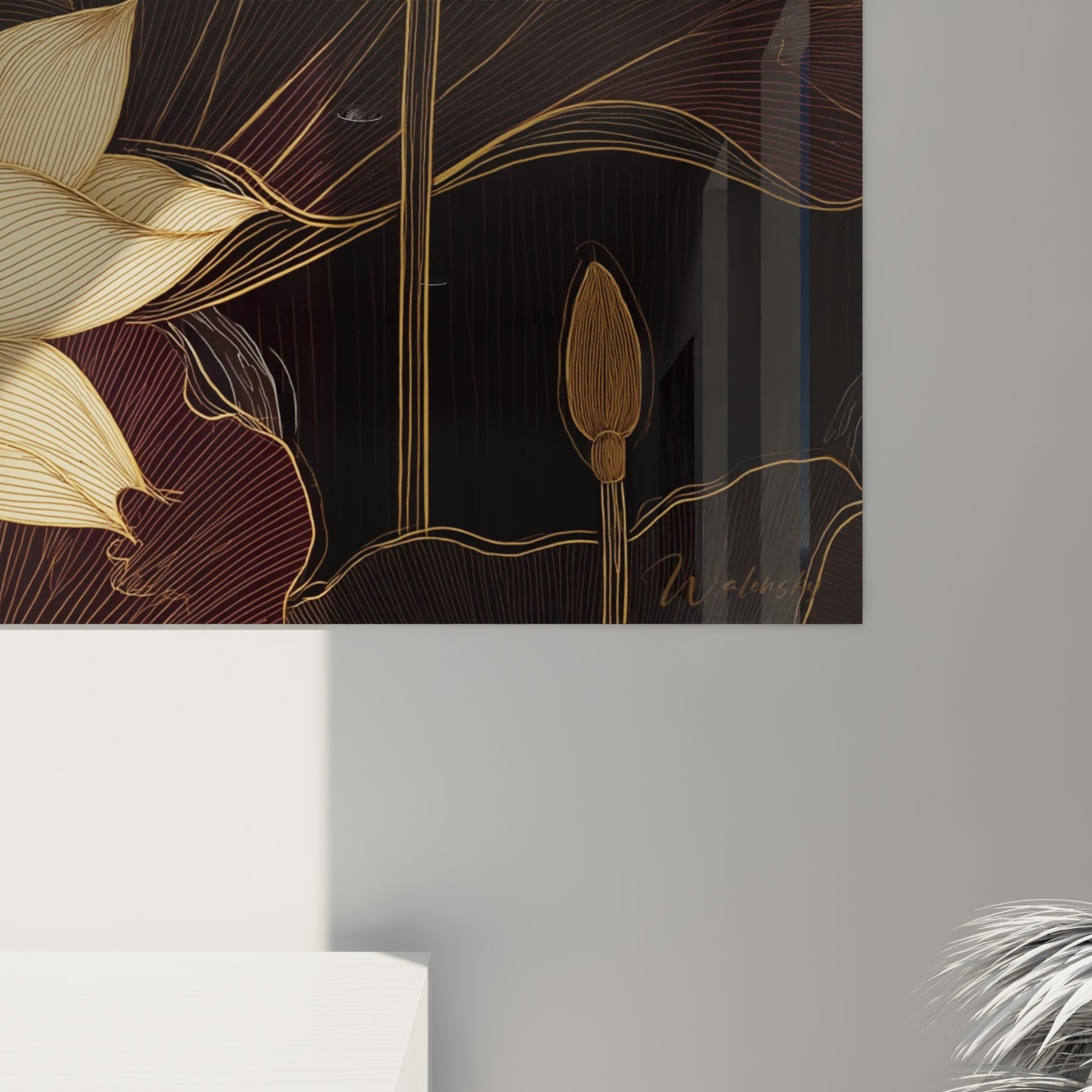 Overview of the lotus art deco wall art showcasing the gold and burgundy contrast