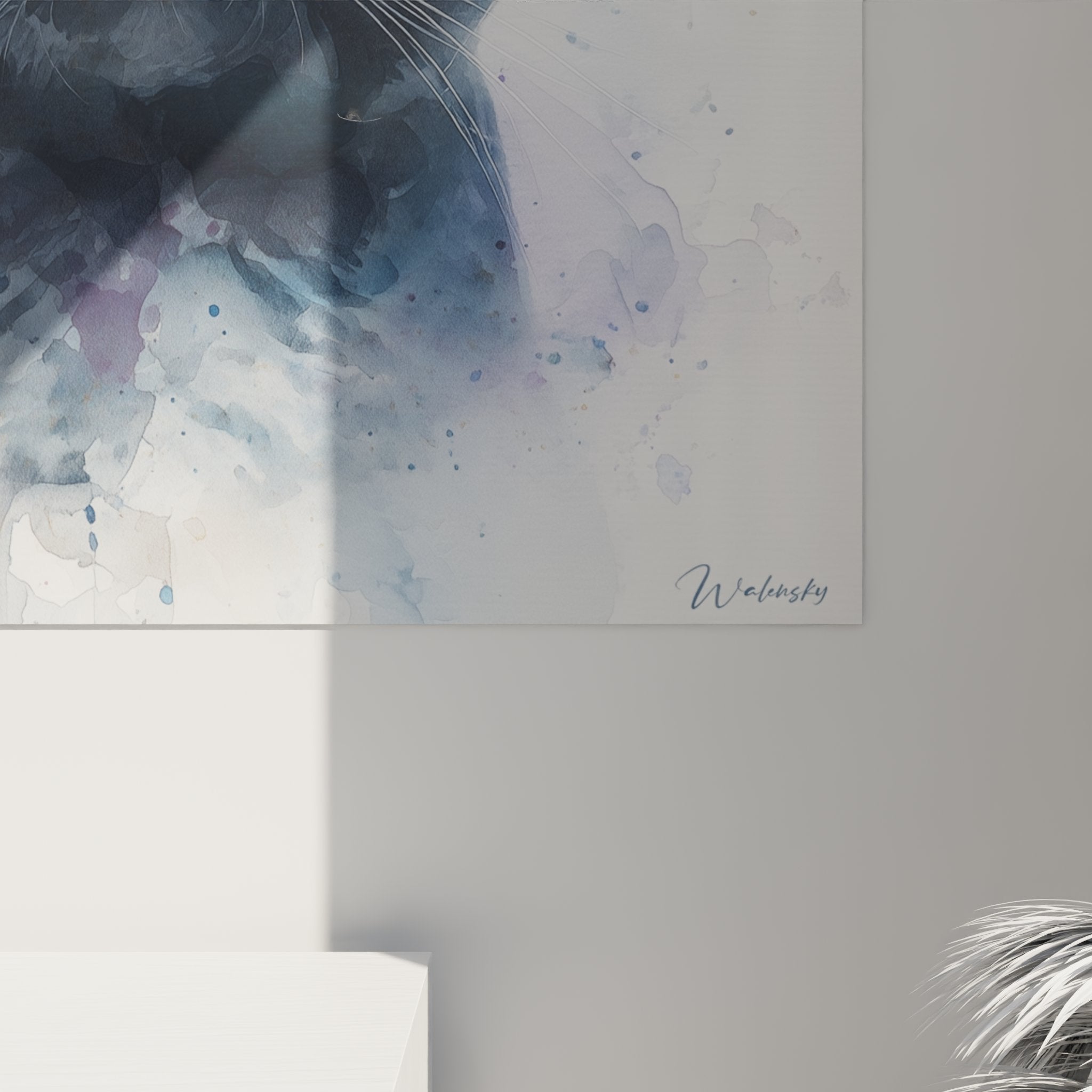 Vue d'ensemble tableau chat Chartreux aquarelle, œuvre d'art murale pour intérieur contemporain