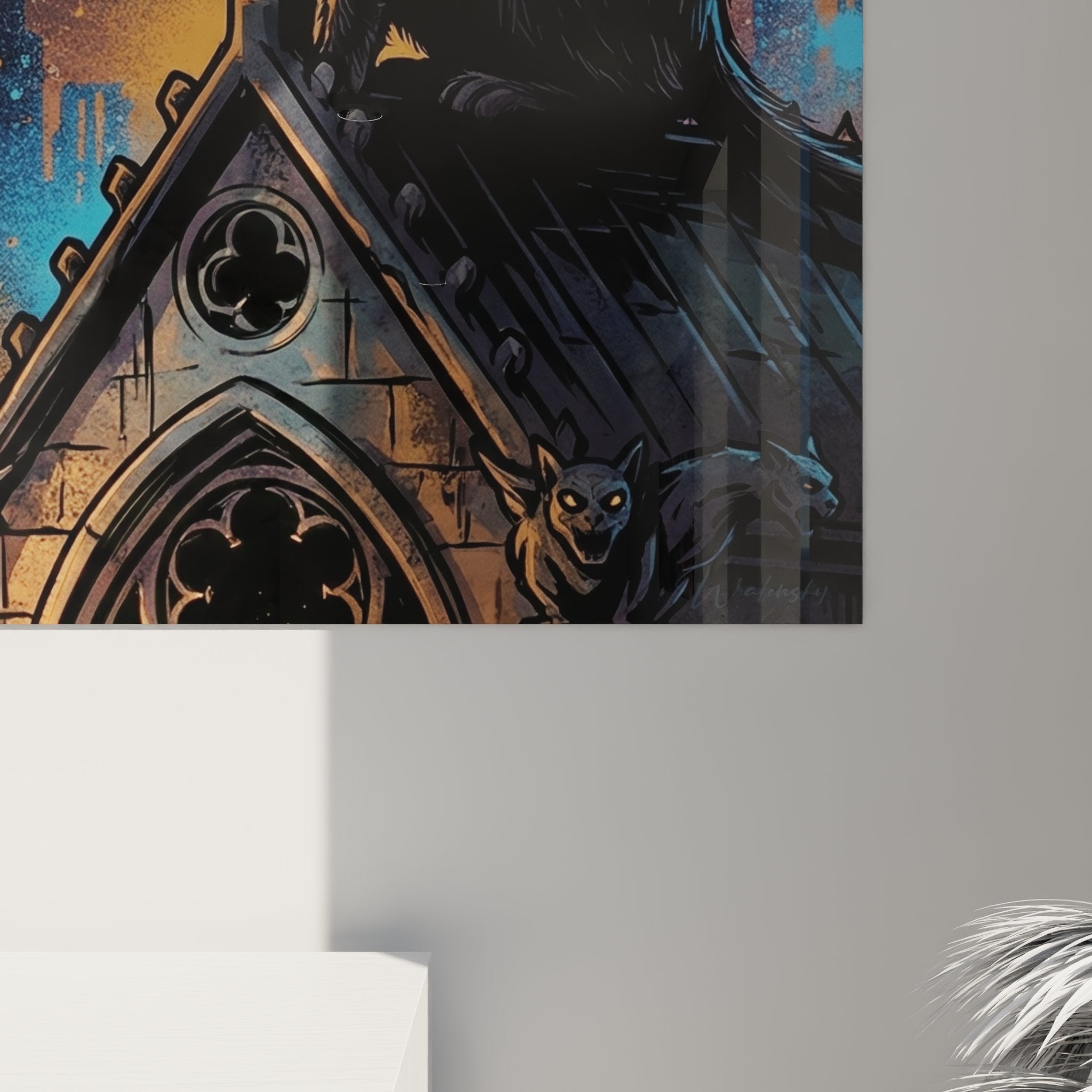 Panoramica del quadro gatto guardiano urbano in un interno contemporaneo