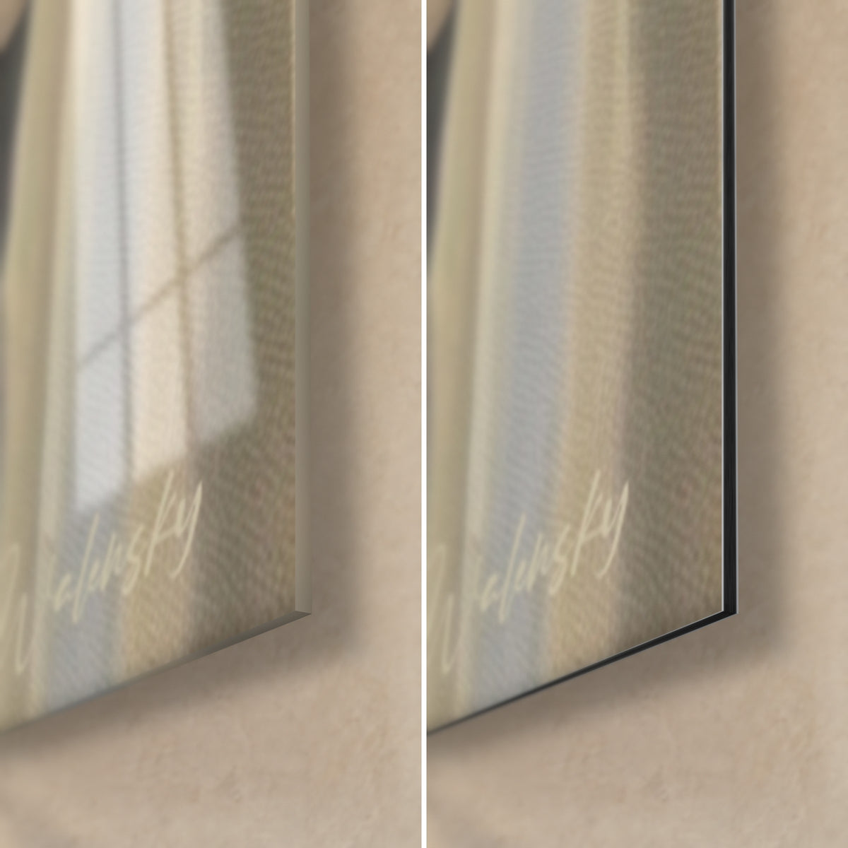 Cuadro mujer junto a la ventana, esquina inferior derecha: cristal acrílico brillante con reflejos grises a la izquierda, Dibond beige mate a la derecha, canto de 3 mm