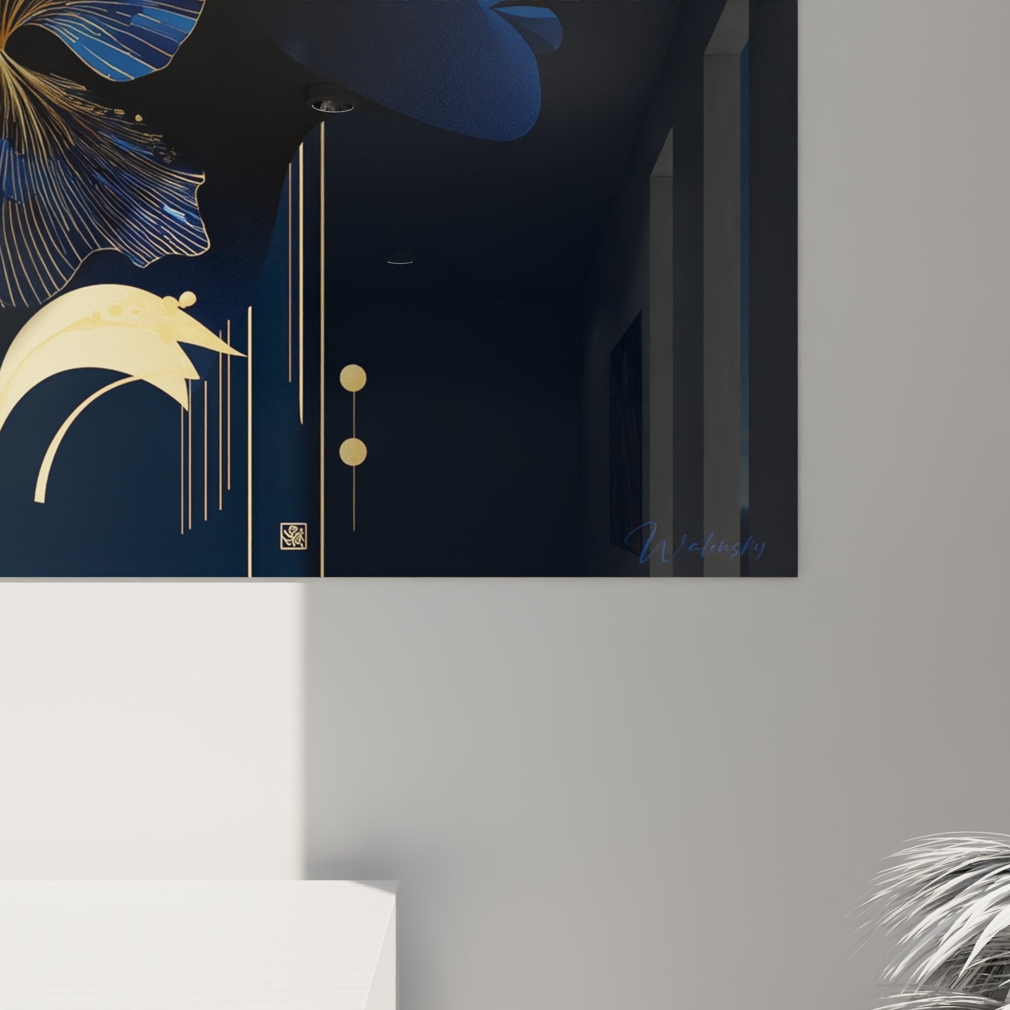 Vue ensemble tableau mural art deco femme fleurs bleues salon decoration moderne