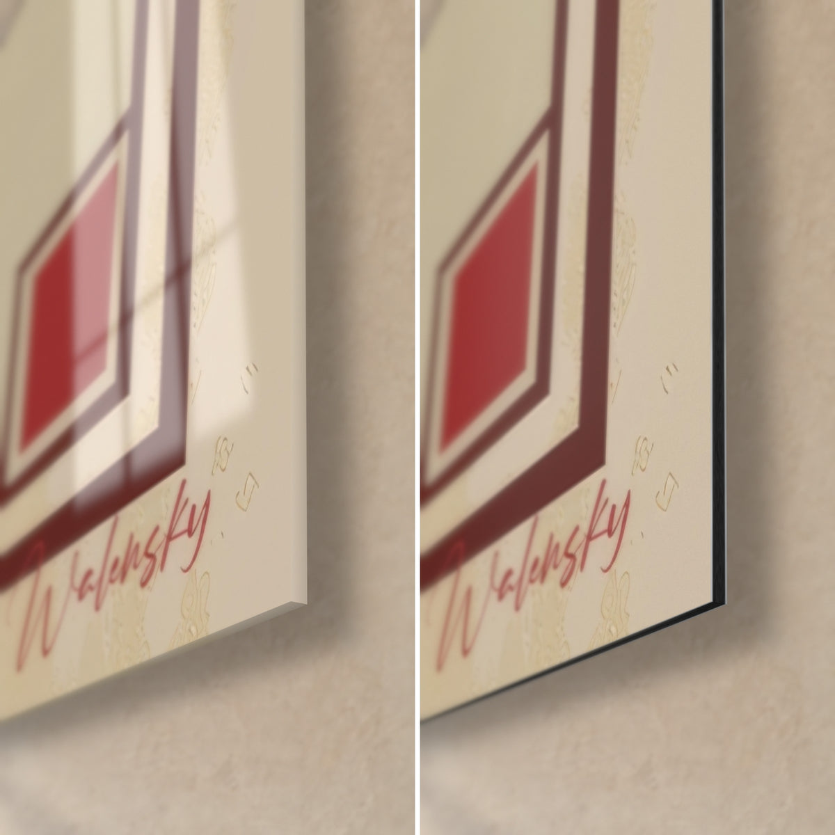 Schilderij art-deco rozen, rechtsonder de hoek: glanzend acrylglas links, mat Dibond-aluminium rechts, karmijnrood vierkant, 3 mm dik