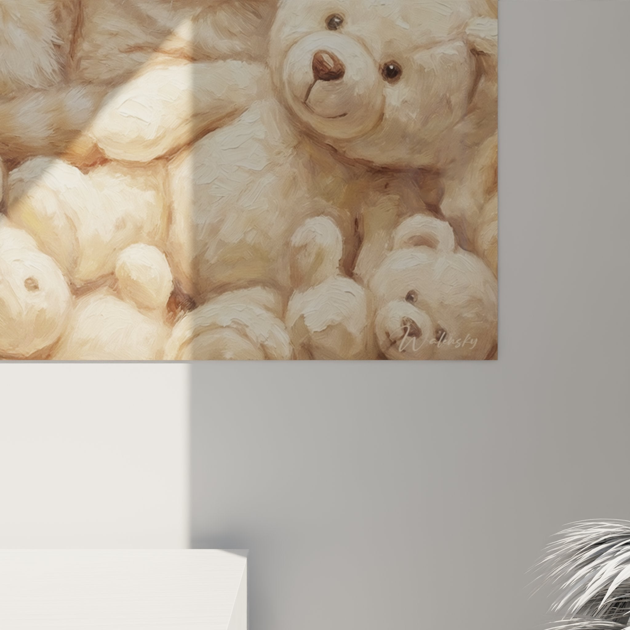 Vue d'ensemble tableau mural chat Exotic Shorthair peluches, composition harmonieuse tons beige et crème