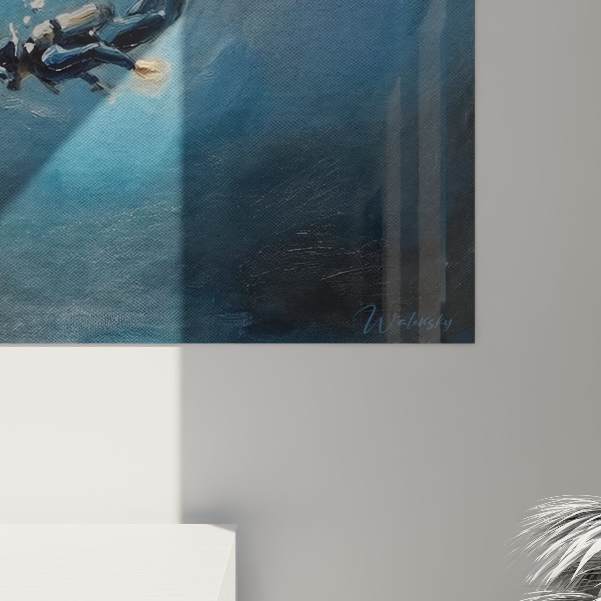 Vue d'ensemble tableau plongeur apnée profondeur bleue, œuvre art sous-marin pour décoration murale marine