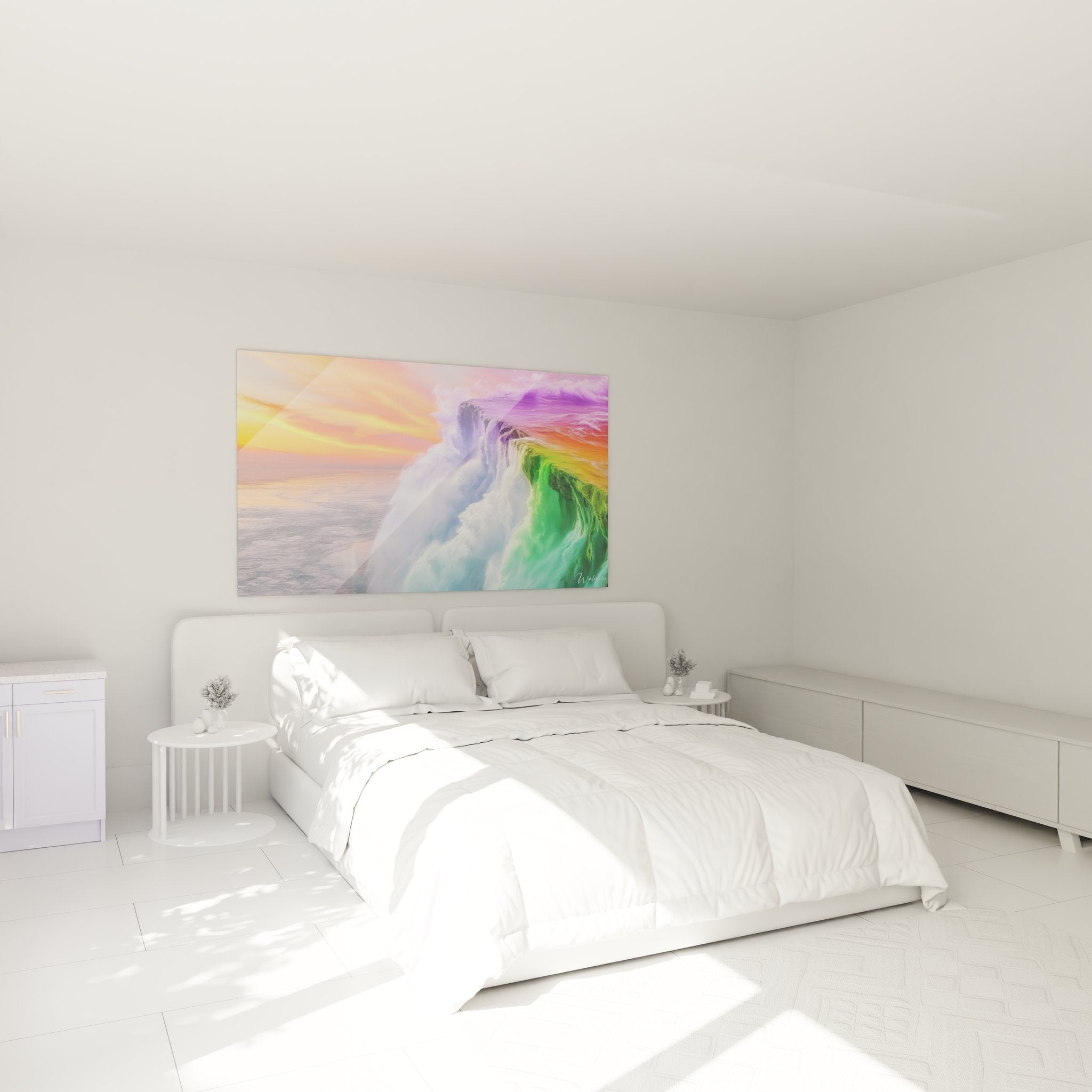 Tableau mural cascade colorée abstraite installé dans chambre moderne pour ambiance apaisante