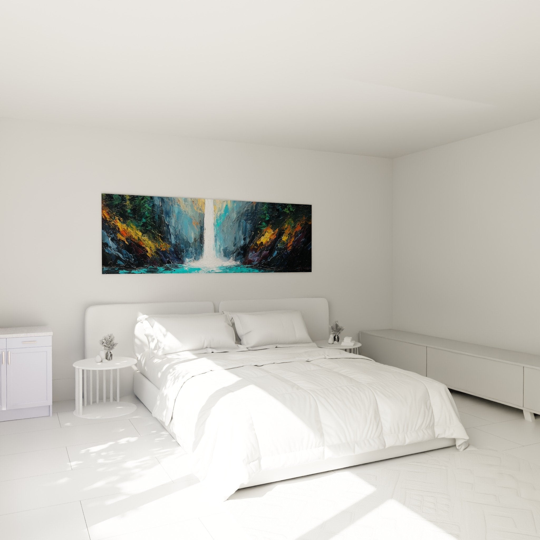 Turquoise waterfall wall art in modern bedroom - serene Feng shui North Water ambiance