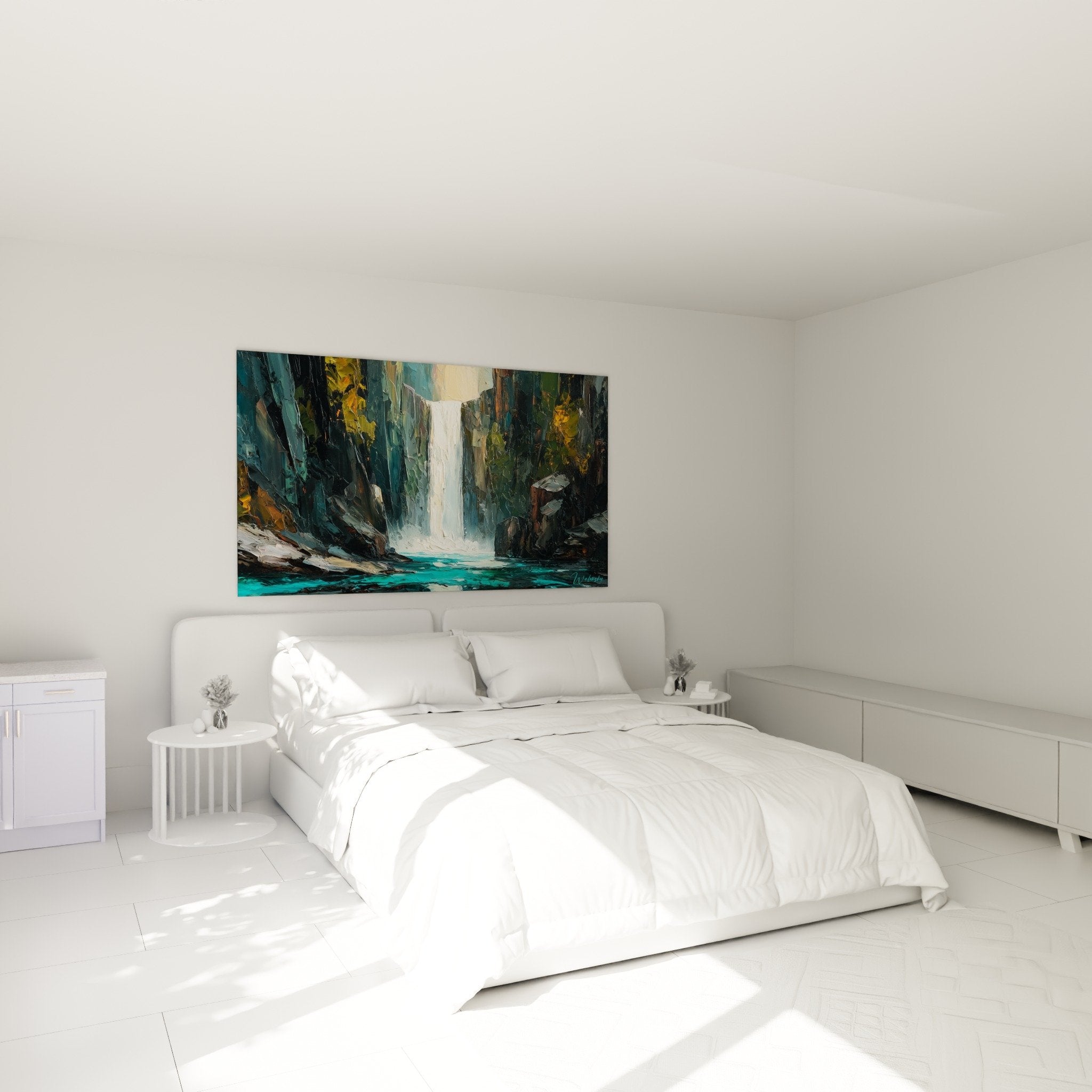 Cascade turquoise feng shui nord eau dans chambre moderne avec decoration murale apaisante naturelle