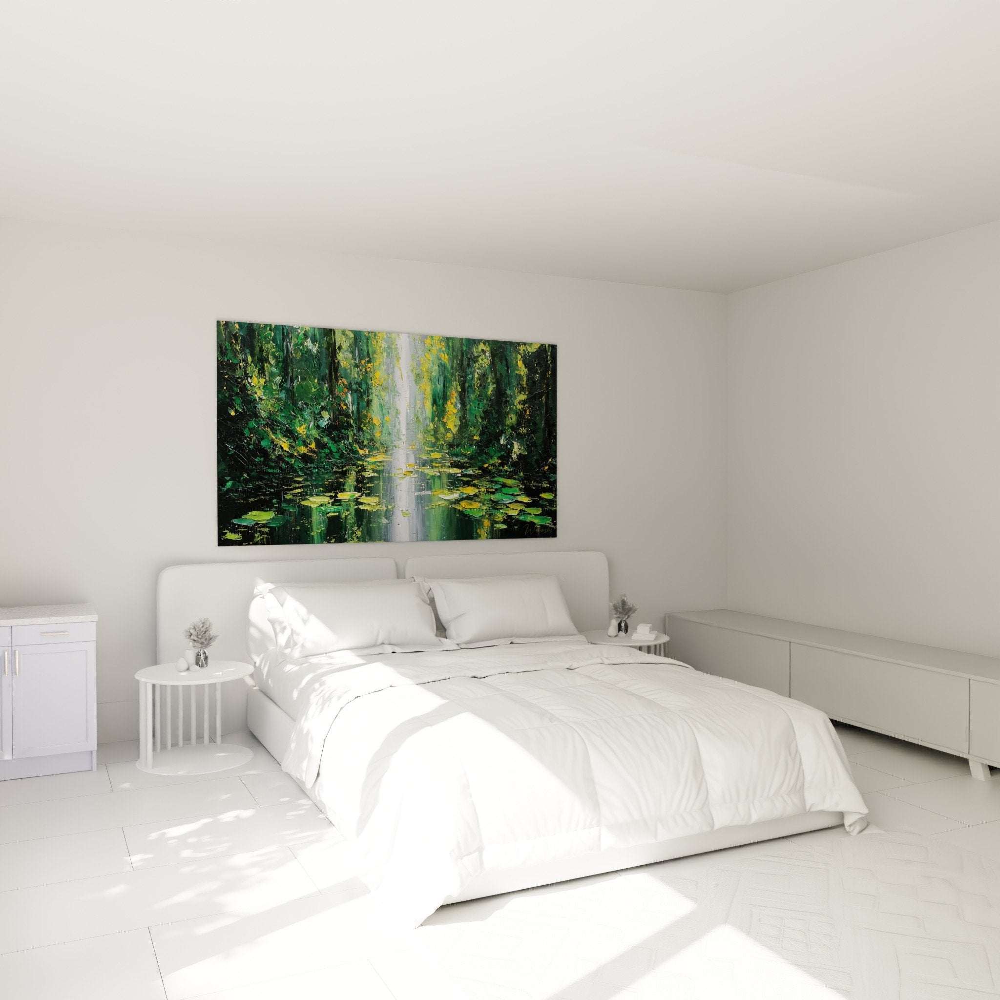 Forest waterfall green wall art bedroom decoration zen feng shui nature calming ambiance