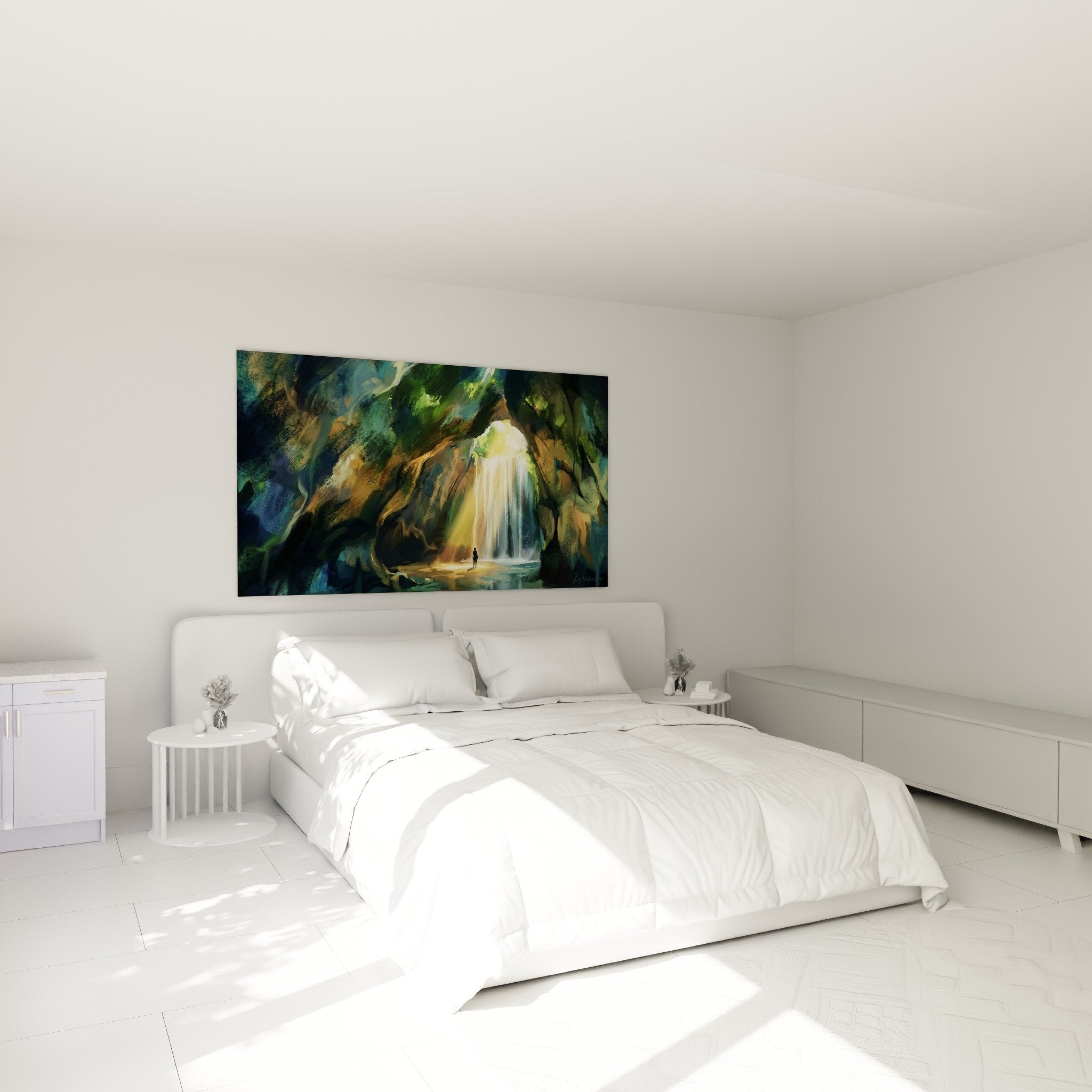 wandbild wasserfall grotte grüner schlafzimmer wanddekoration beruhigend zen atmosphäre goldenes naturlicht