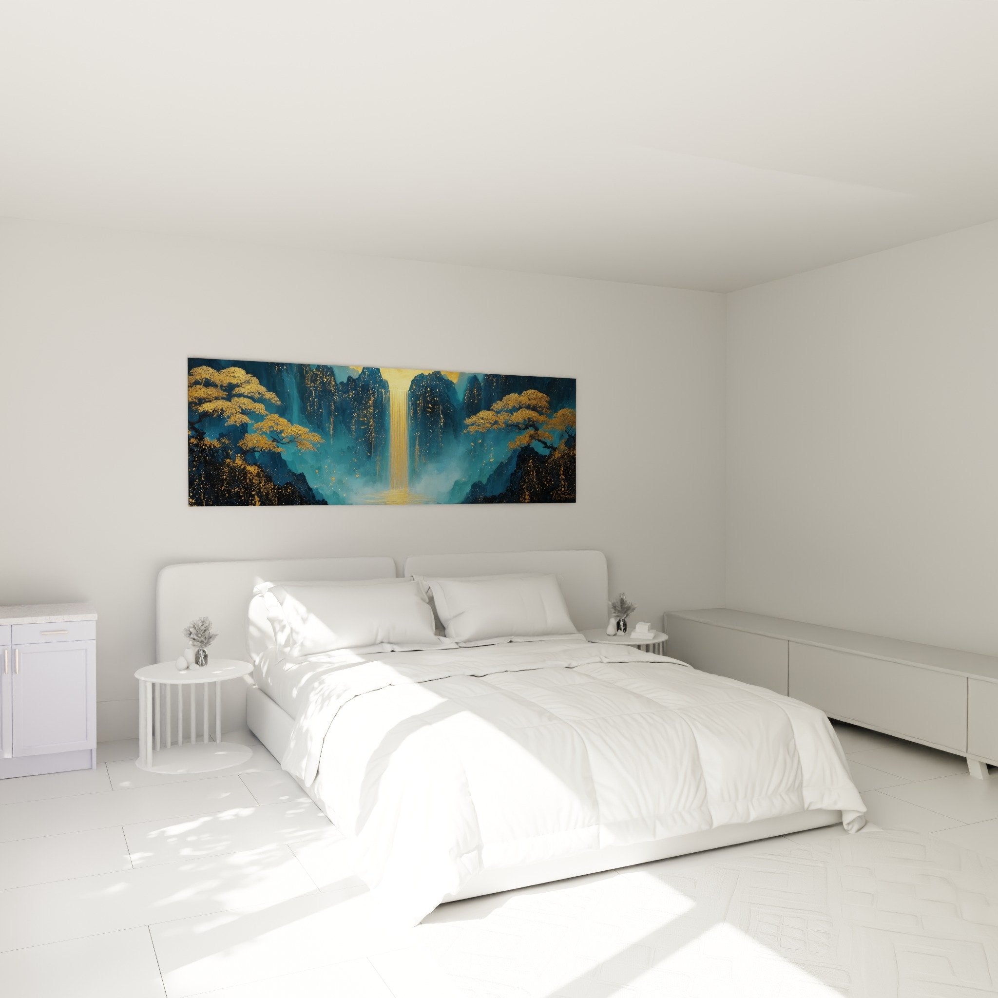 Mystical waterfall painting blue and gold tones above bed in zen feng shui north water bedroom