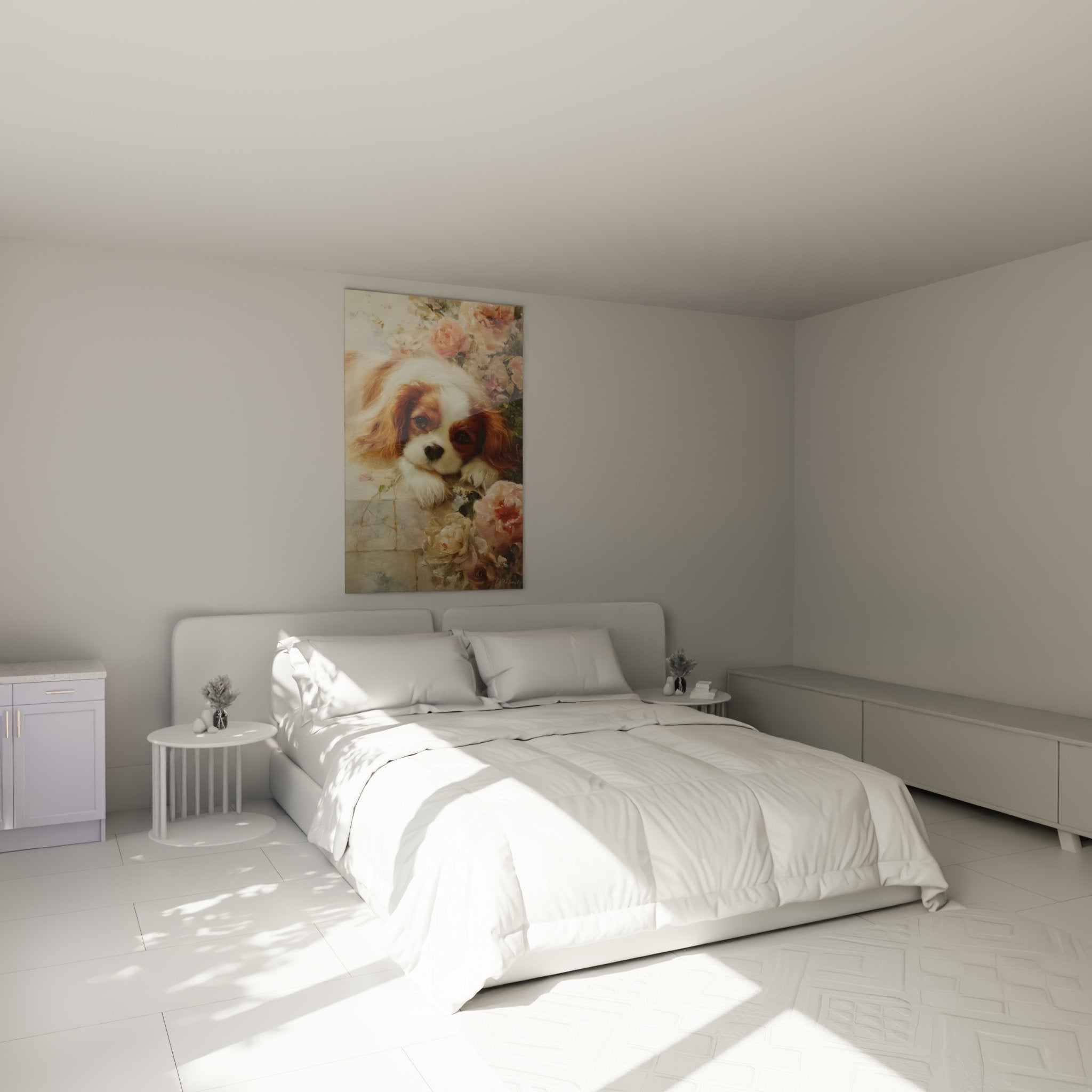 Tableau Cavalier King Charles dans chambre decoration murale chiot roses ambiance romantique pastel