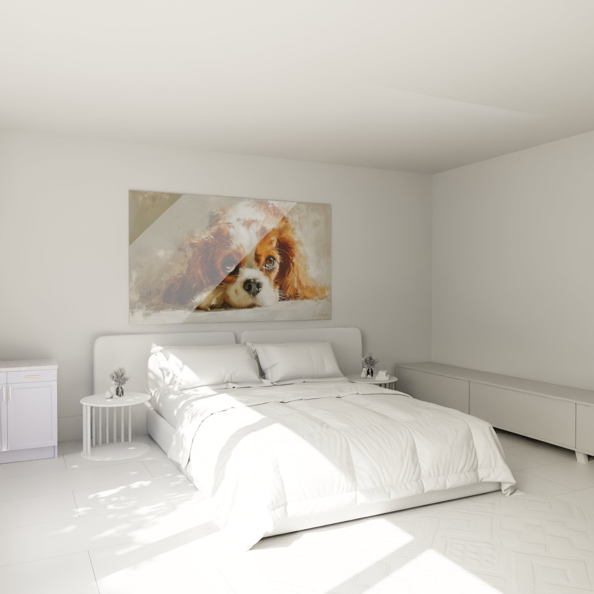 Tableau cavalier king charles decorant chambre ambiance chaleureuse peinture chien realiste tons naturels