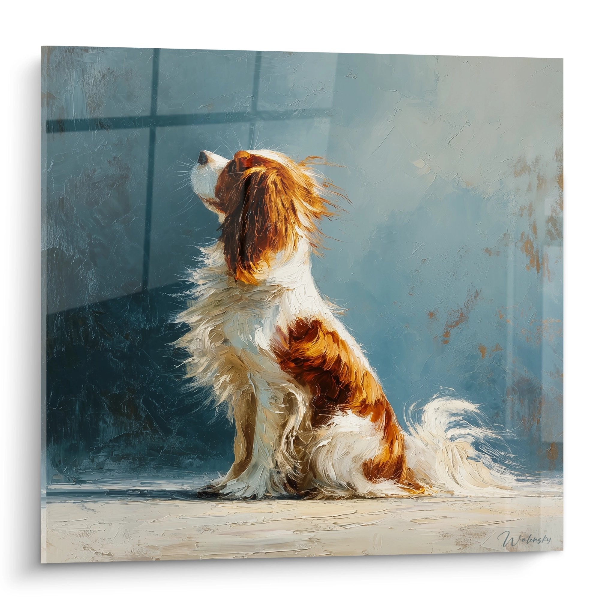 Tableau cavalier king charles aux poils dores regardant vers le haut avec expression contemplative