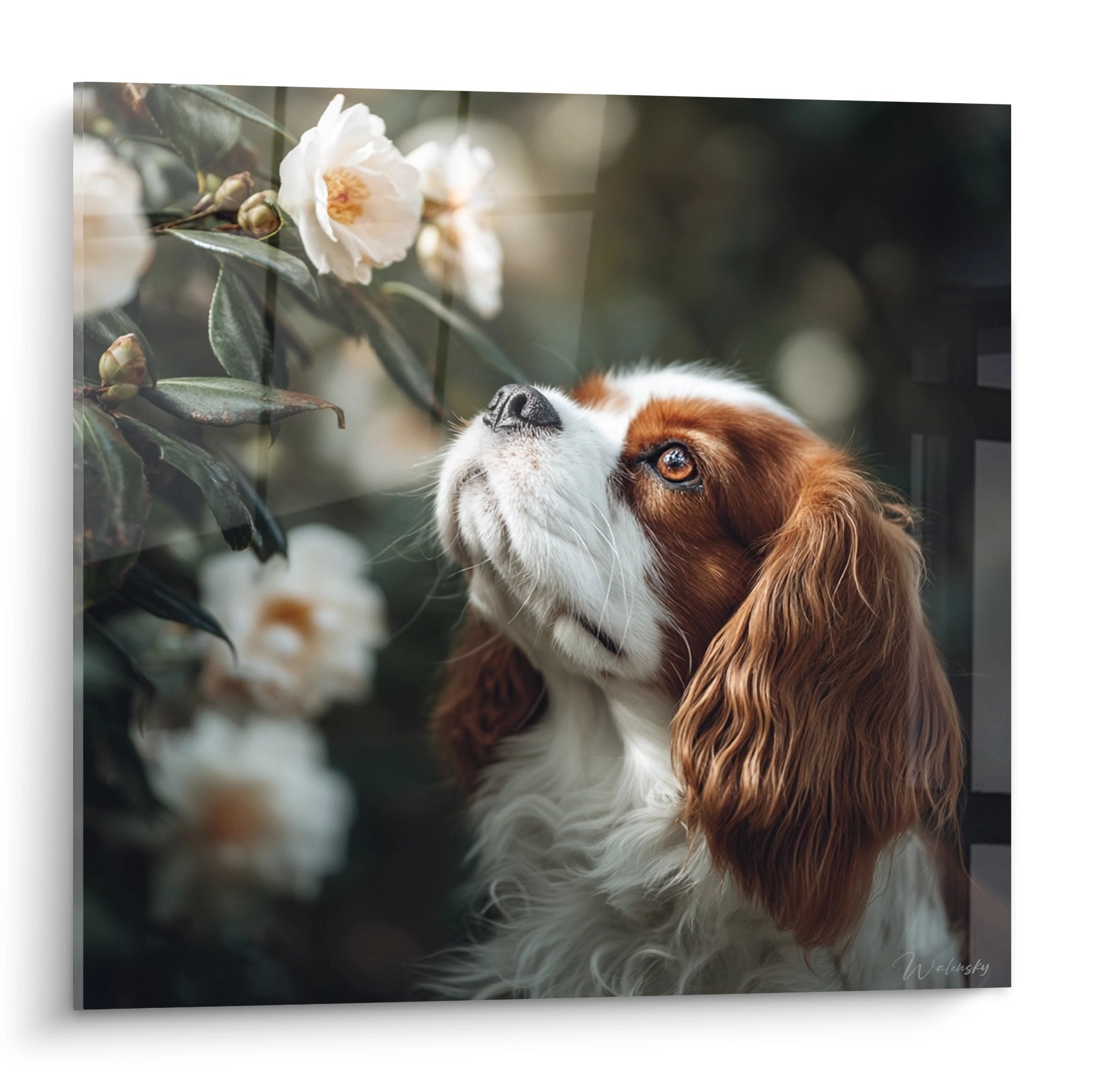 Cavalier King Charles roux et blanc regardant des camélias blancs, portrait contemplatif aux tons chaleureux
