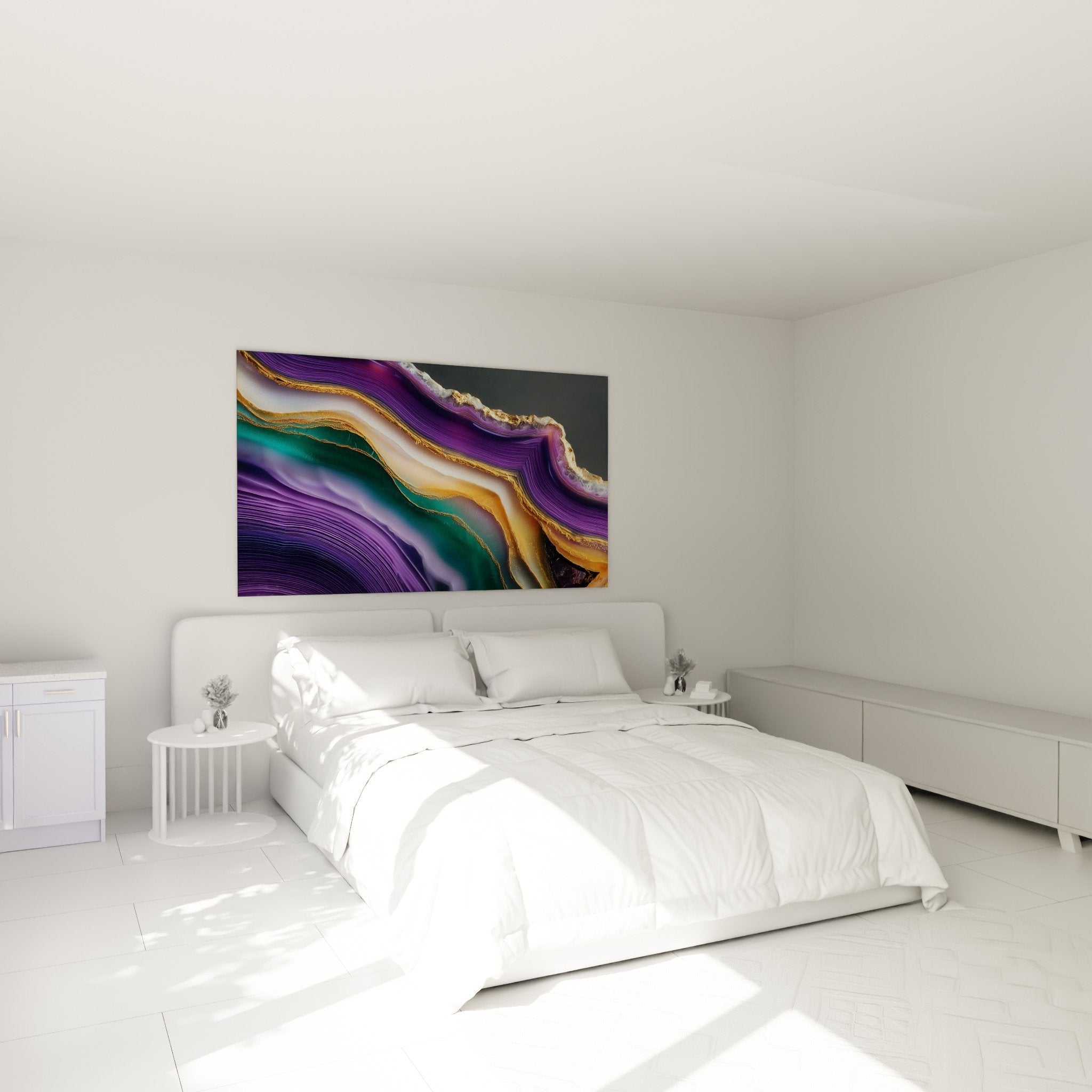modernes Schlafzimmer mit violettem Achatagemälde an weißer Wand, natürlichem Holzmobiliar, ruhige zen Atmosphäre