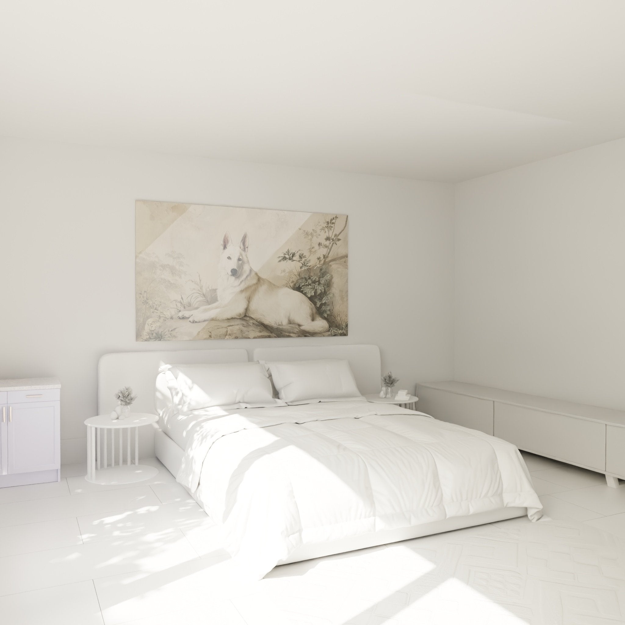 Décoration chambre avec tableau Berger Blanc Suisse dans ambiance naturelle apaisante
