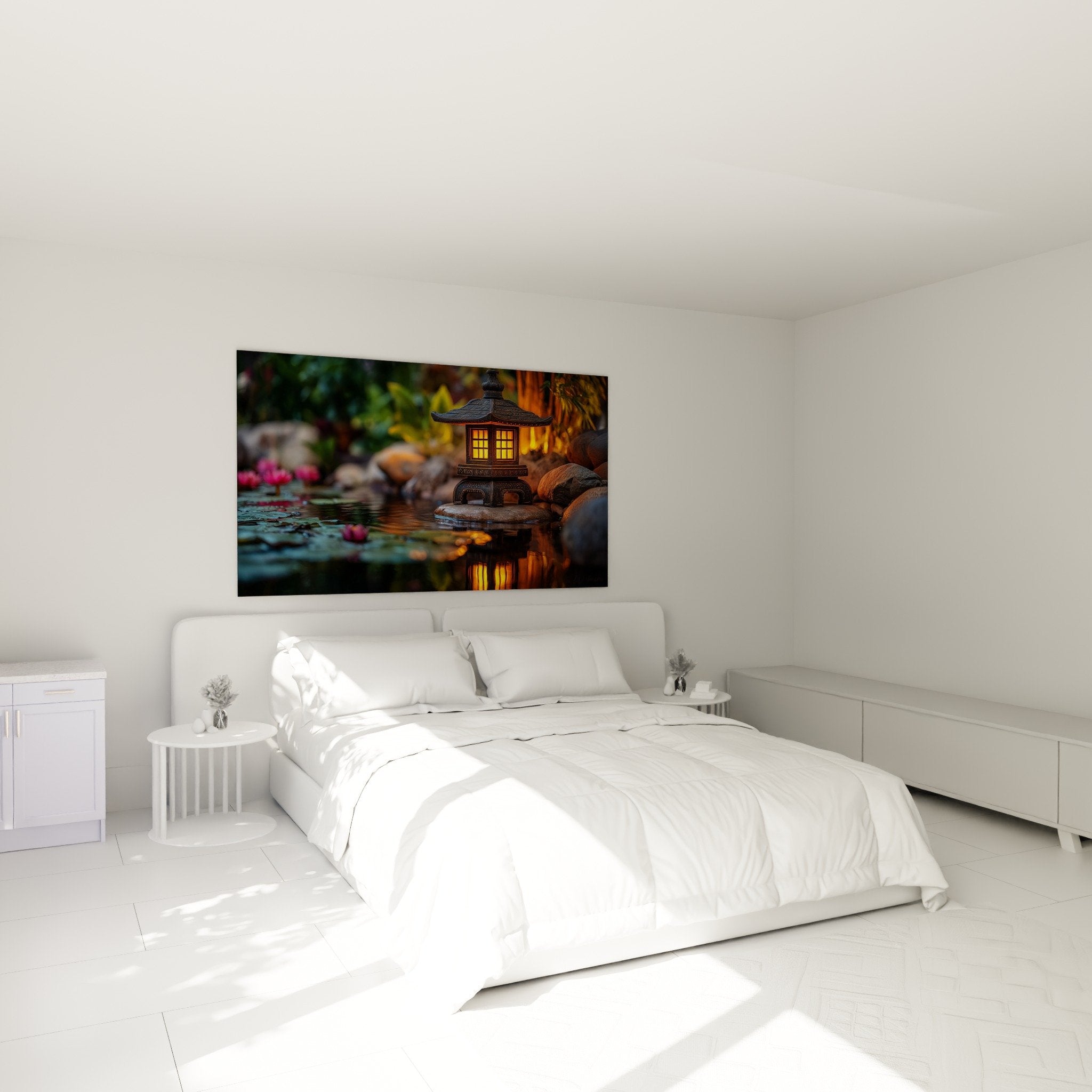 Chambre zen avec tableau lanterne japonaise illuminee au-dessus du lit decoration orientale apaisante