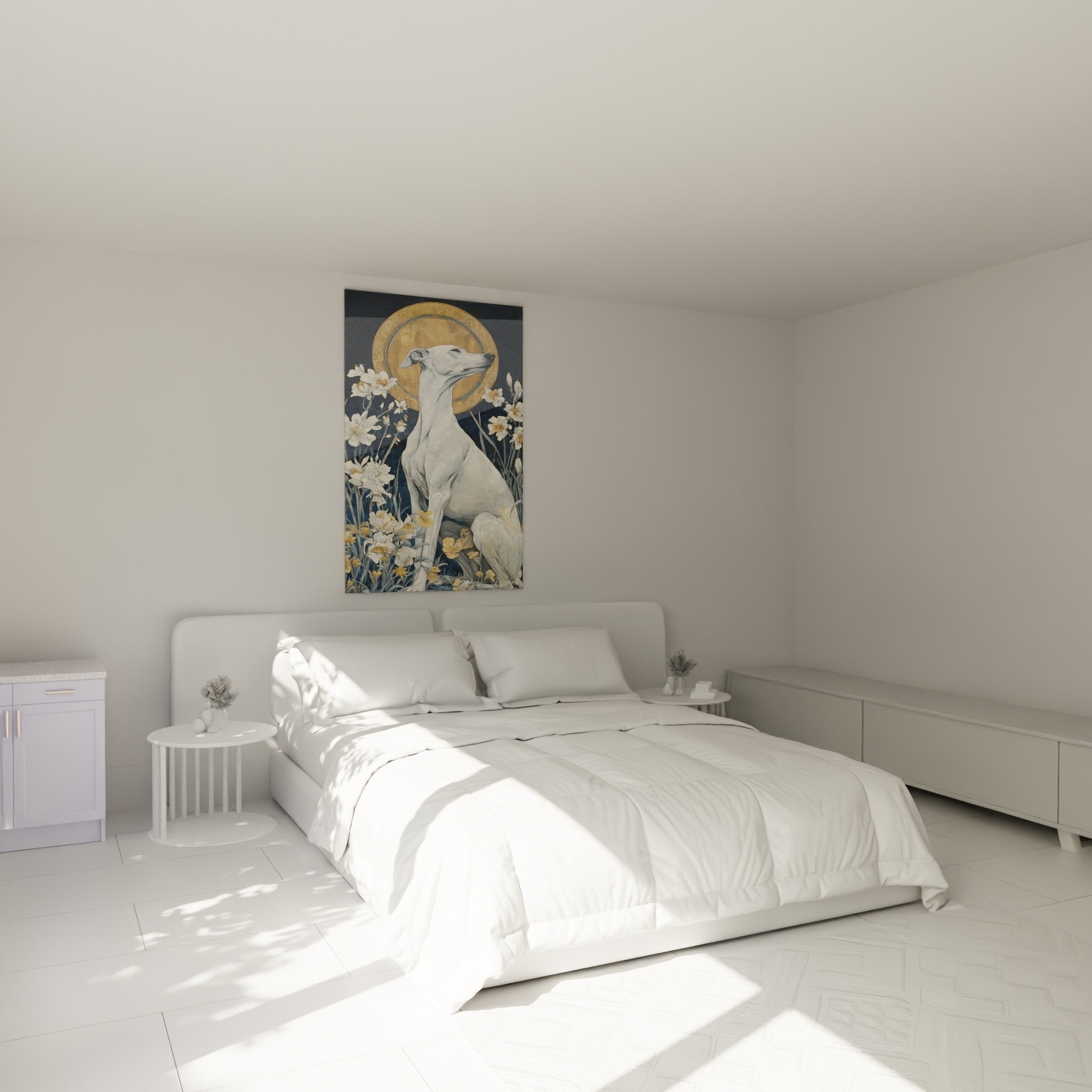 Decoration chambre tableau levrier blanc mystique aureole or fleurs blanches ambiance zen