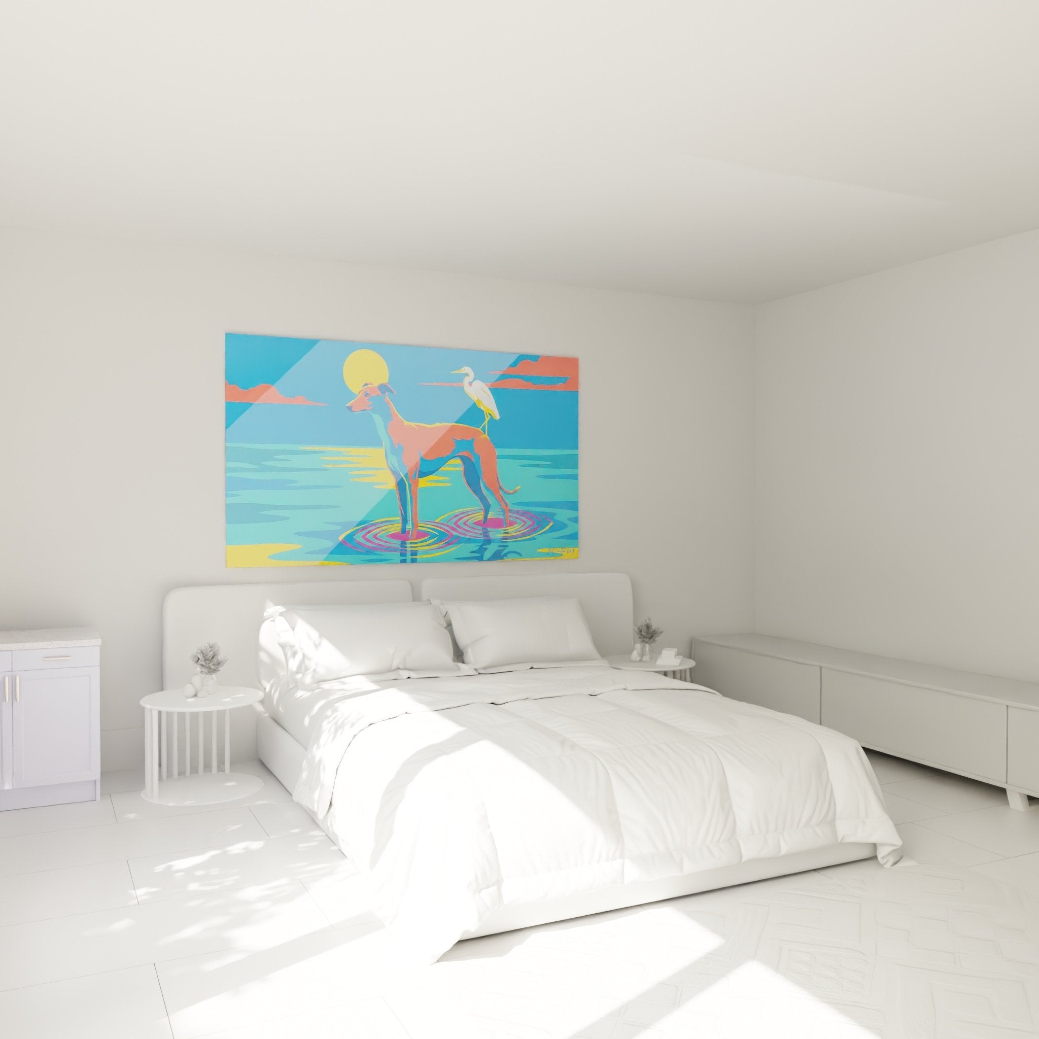 Decoration chambre avec tableau levrier coloré aux tons turquoise corail style pop art moderne