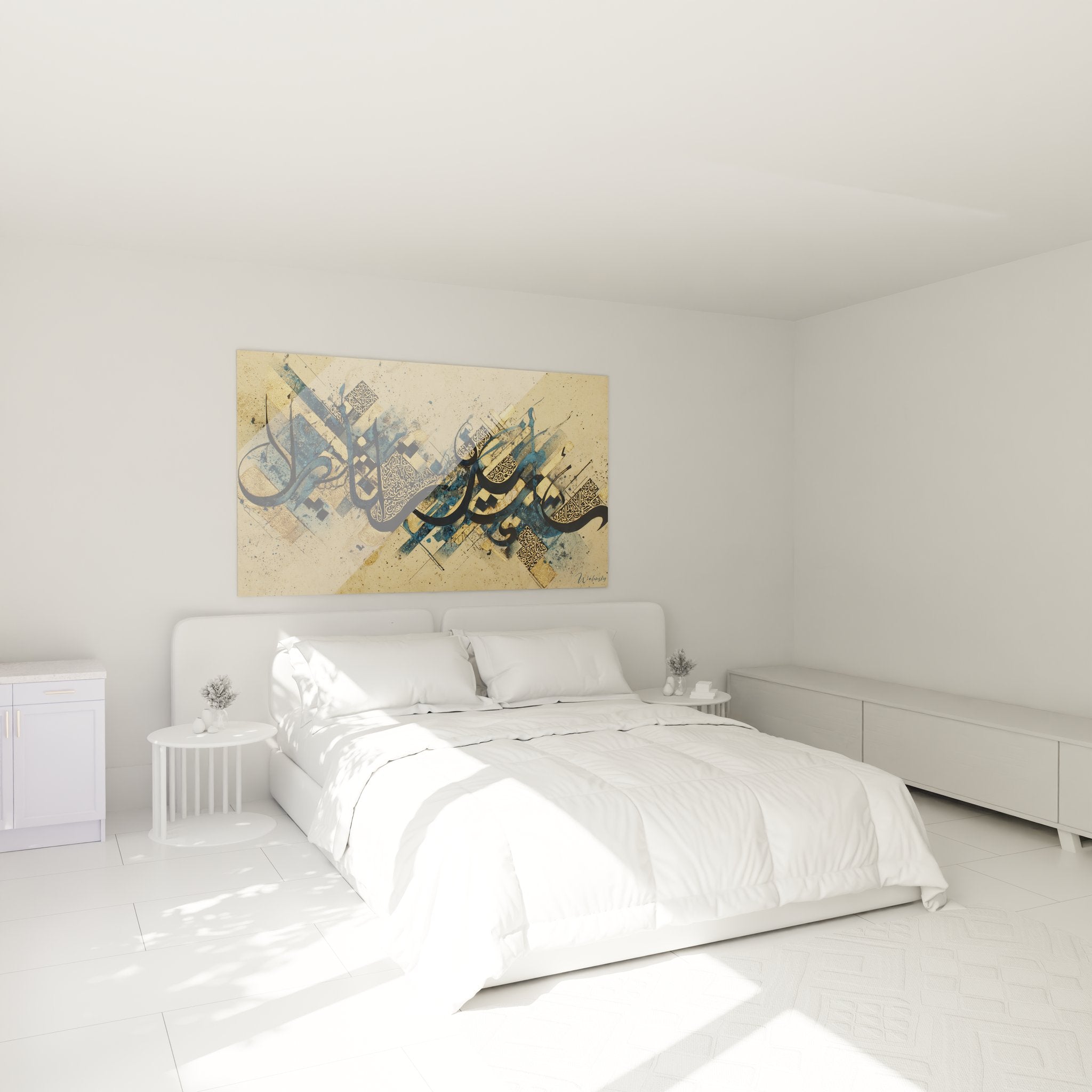 Ambiance chambre avec tableau calligraphie arabe contemporaine decoration murale orientale