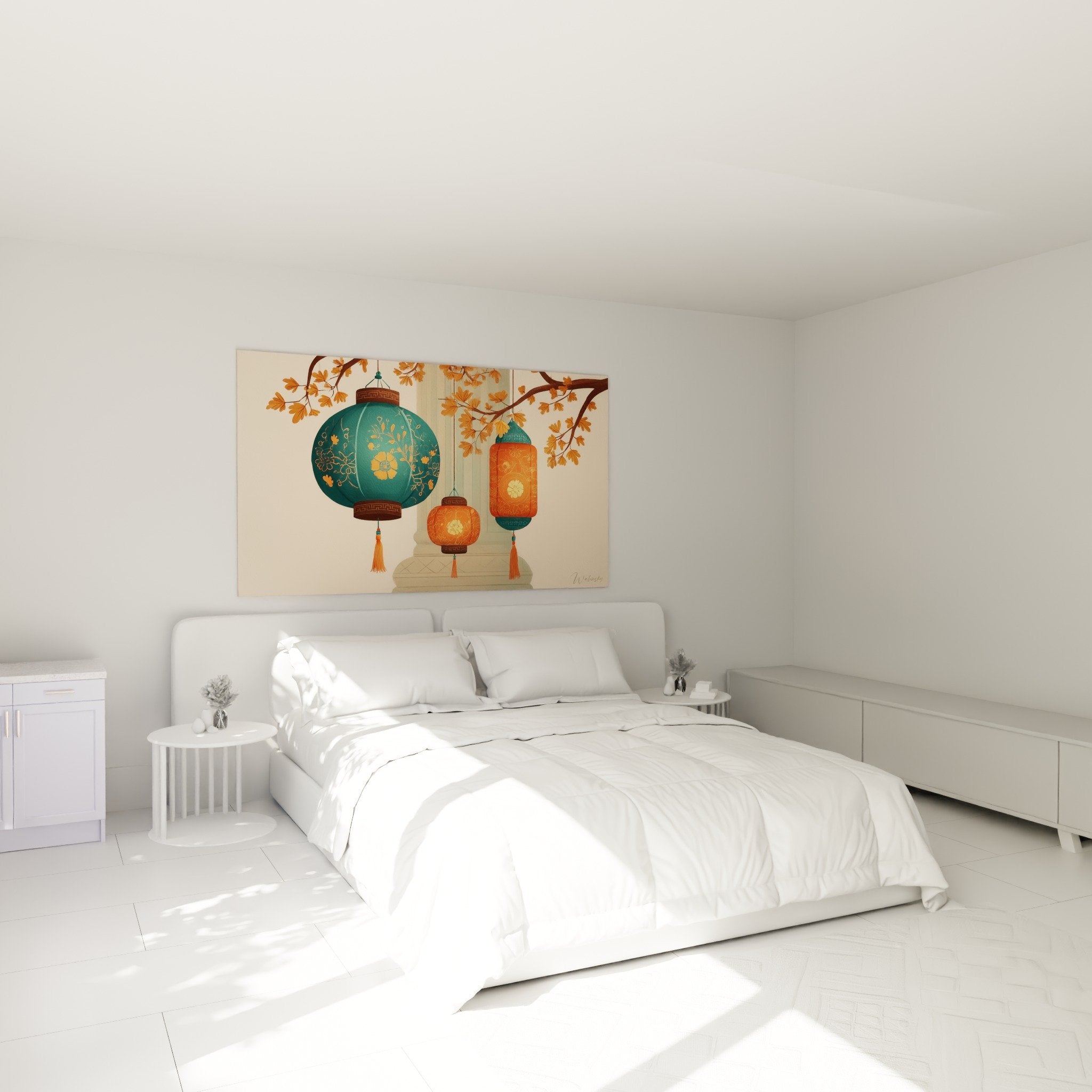 Chambre decoration murale lanternes chinoises turquoise orange ambiance zen orientale branches automne