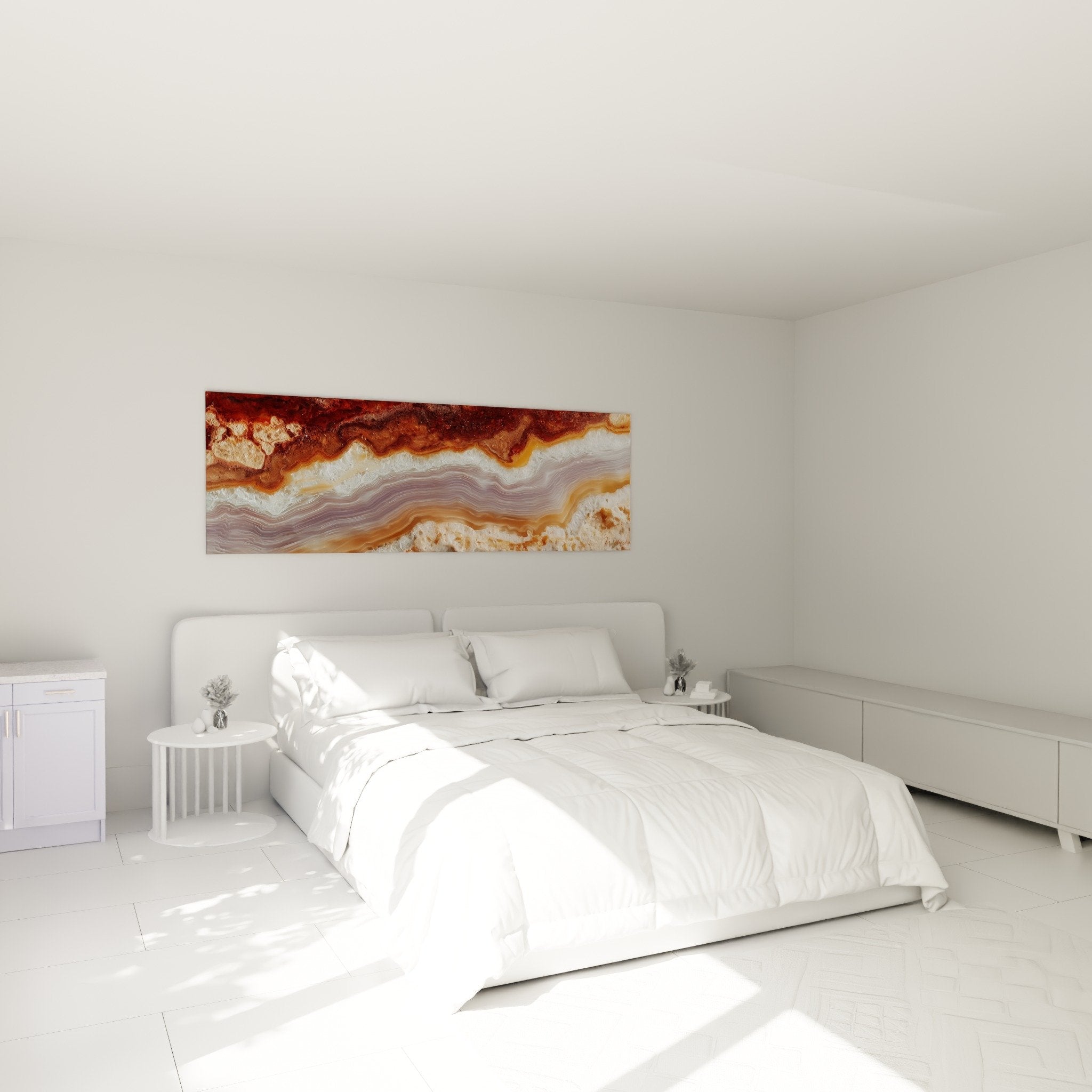 Decoration chambre tableau marbre abstrait tete de lit rouge bordeaux blanc strates horizontales