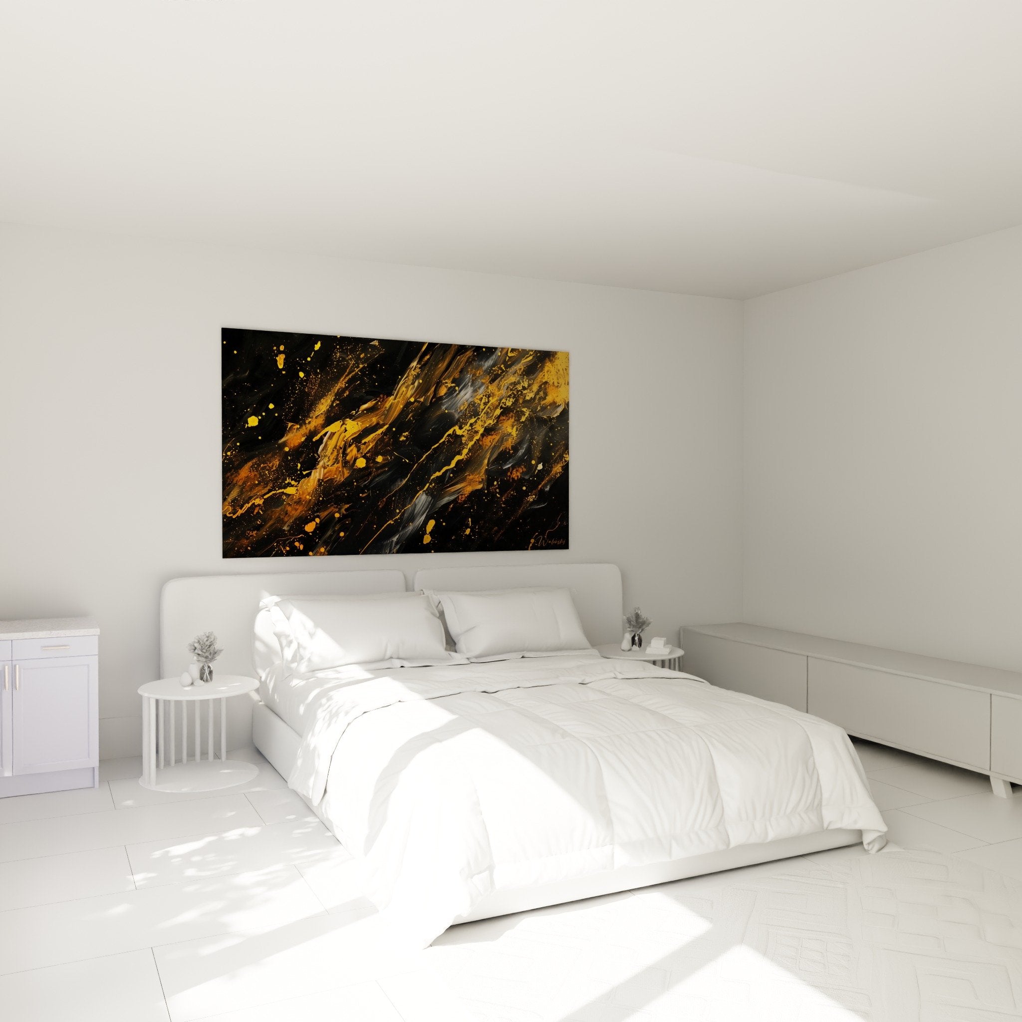 Décoration chambre moderne avec tableau abstrait noir doré aux coulées métalliques fluides