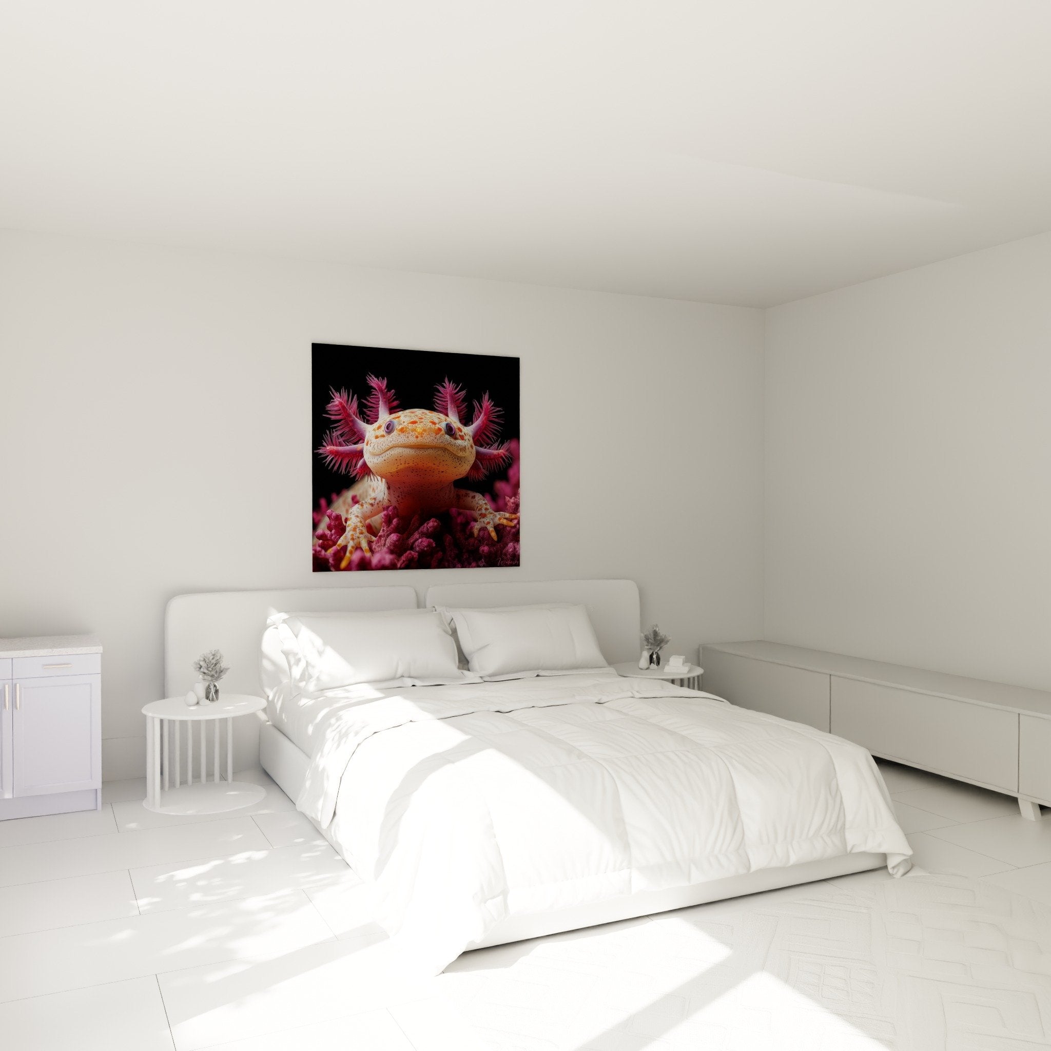 Axolotl pink gills wall art in modern bedroom, elegant aquatic mural decoration