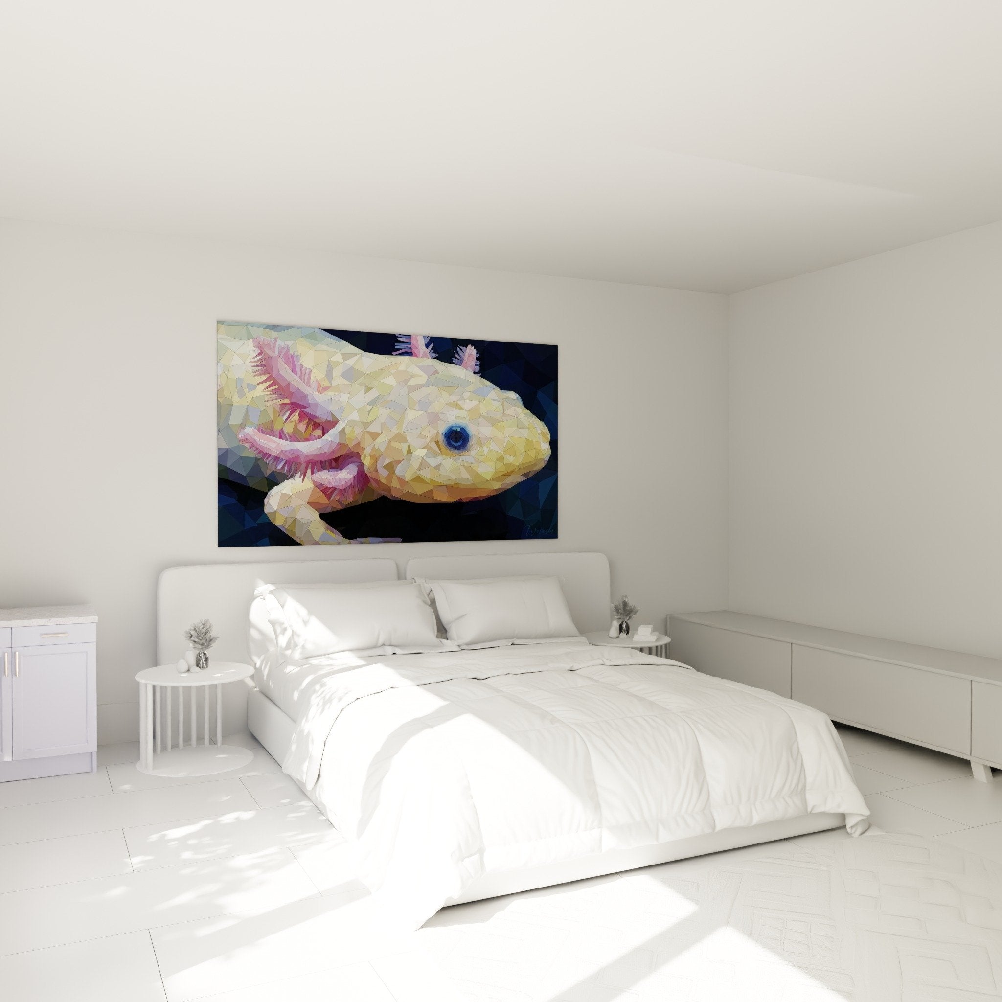 Modernes Schlafzimmer mit polygonaler Axolotl-Wandkunst in Gold und Rosa, zeitgenössische Möbel, Wanddekoration