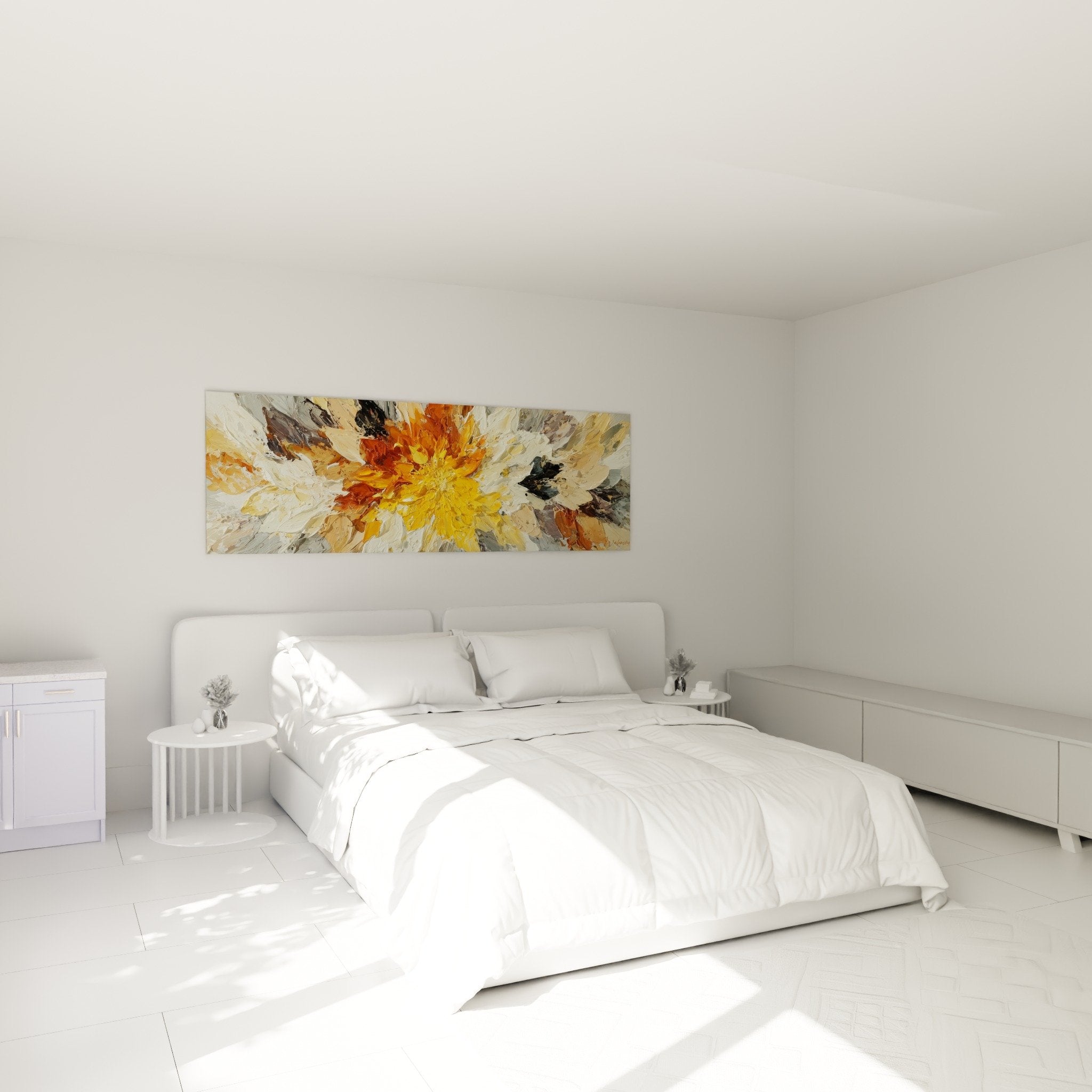 Chambre moderne tableau floral jaune orangé mur blanc lit contemporain decoration feng shui centre terre