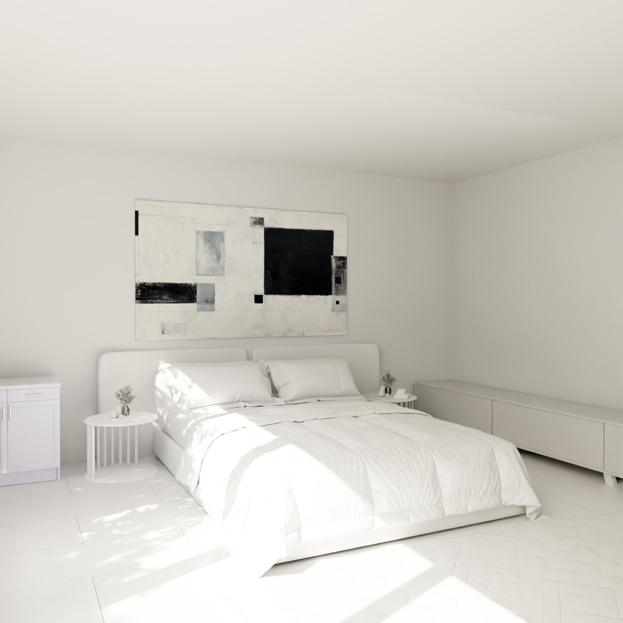 decoration chambre tableau abstrait minimaliste noir blanc gris feng shui ouest metal