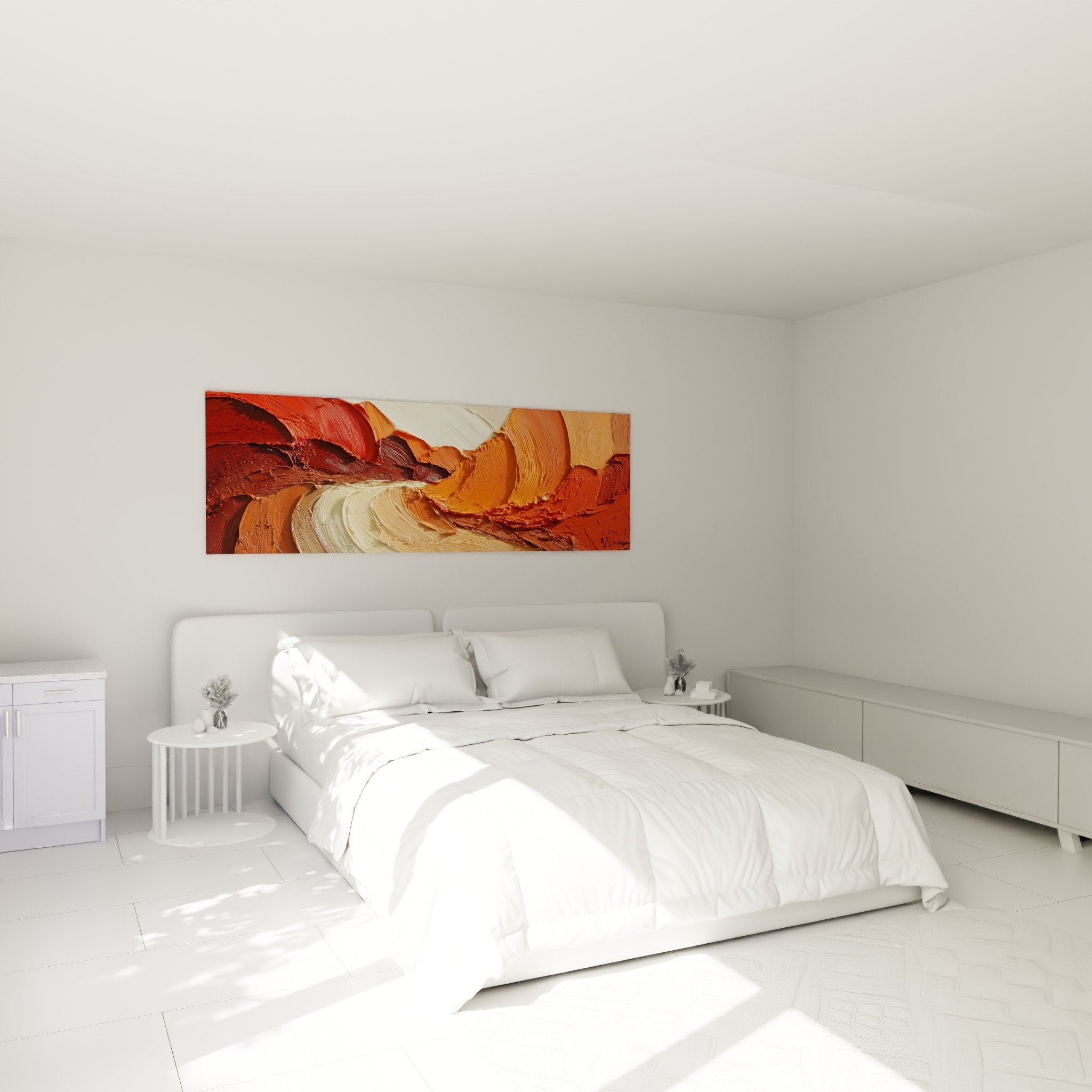 Deco chambre tableau abstrait rouge orange ambiance chaleureuse feng shui centre terre mur beige