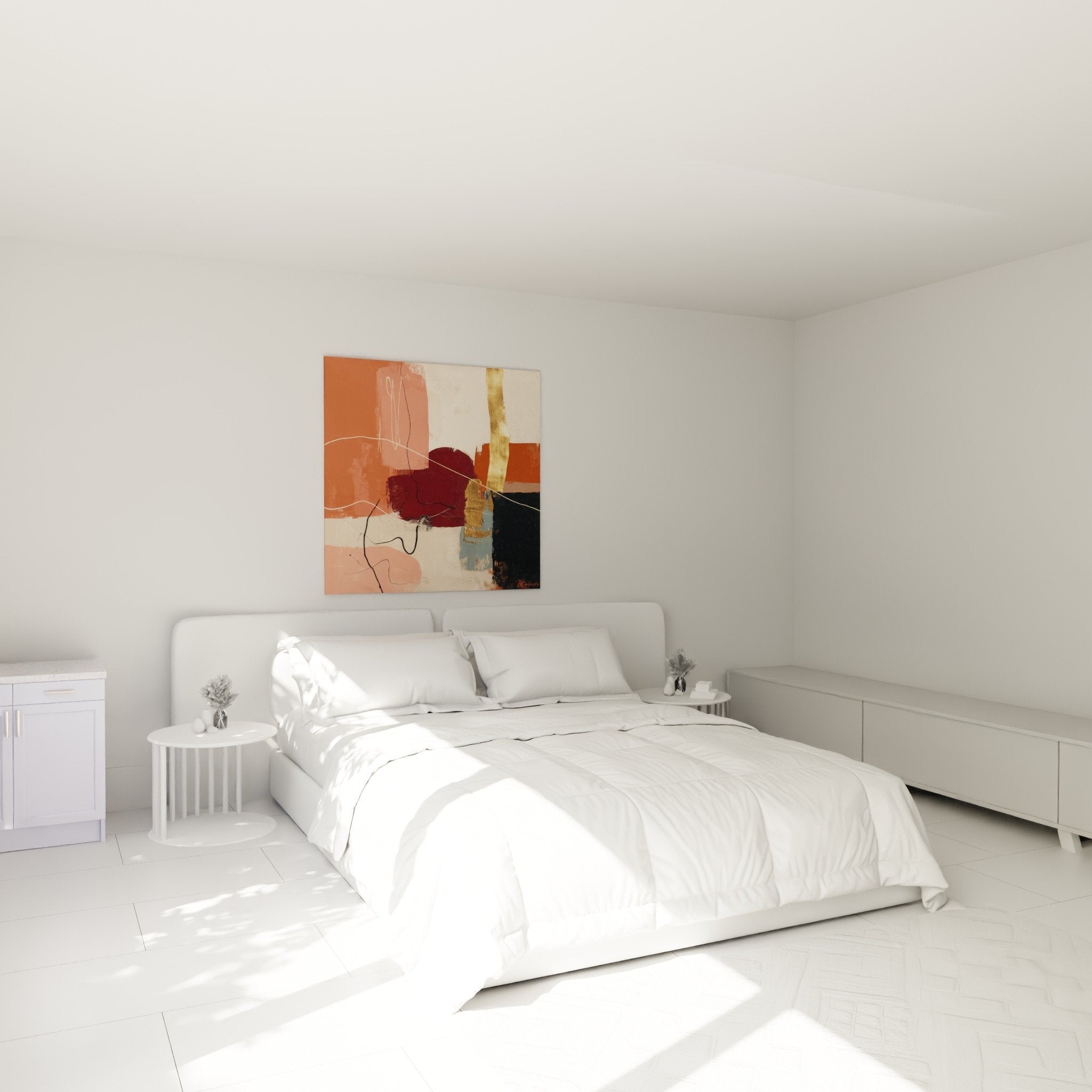 Decoration chambre tableau abstrait terracotta bordeaux harmonisation feng shui sud-ouest