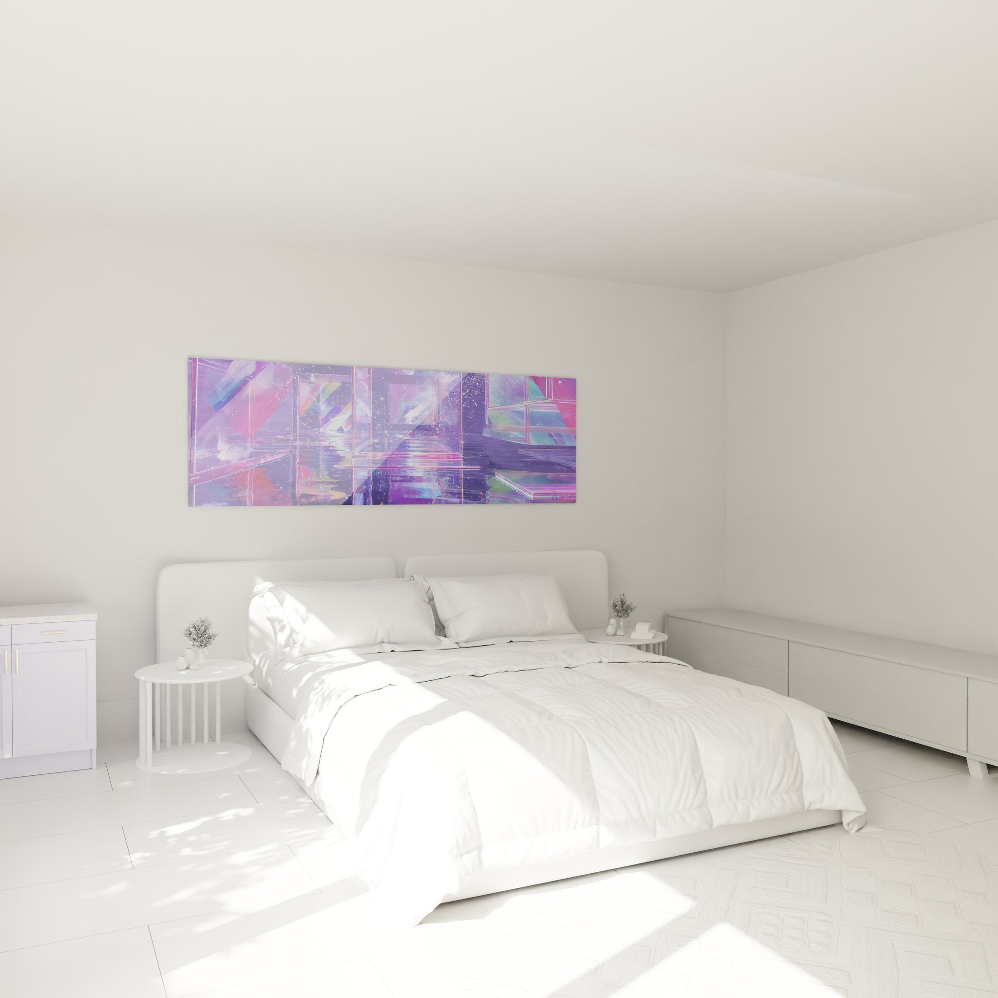 Ambiance chambre avec tableau architecture holographique violet cosmos digital futurisme abstrait mural