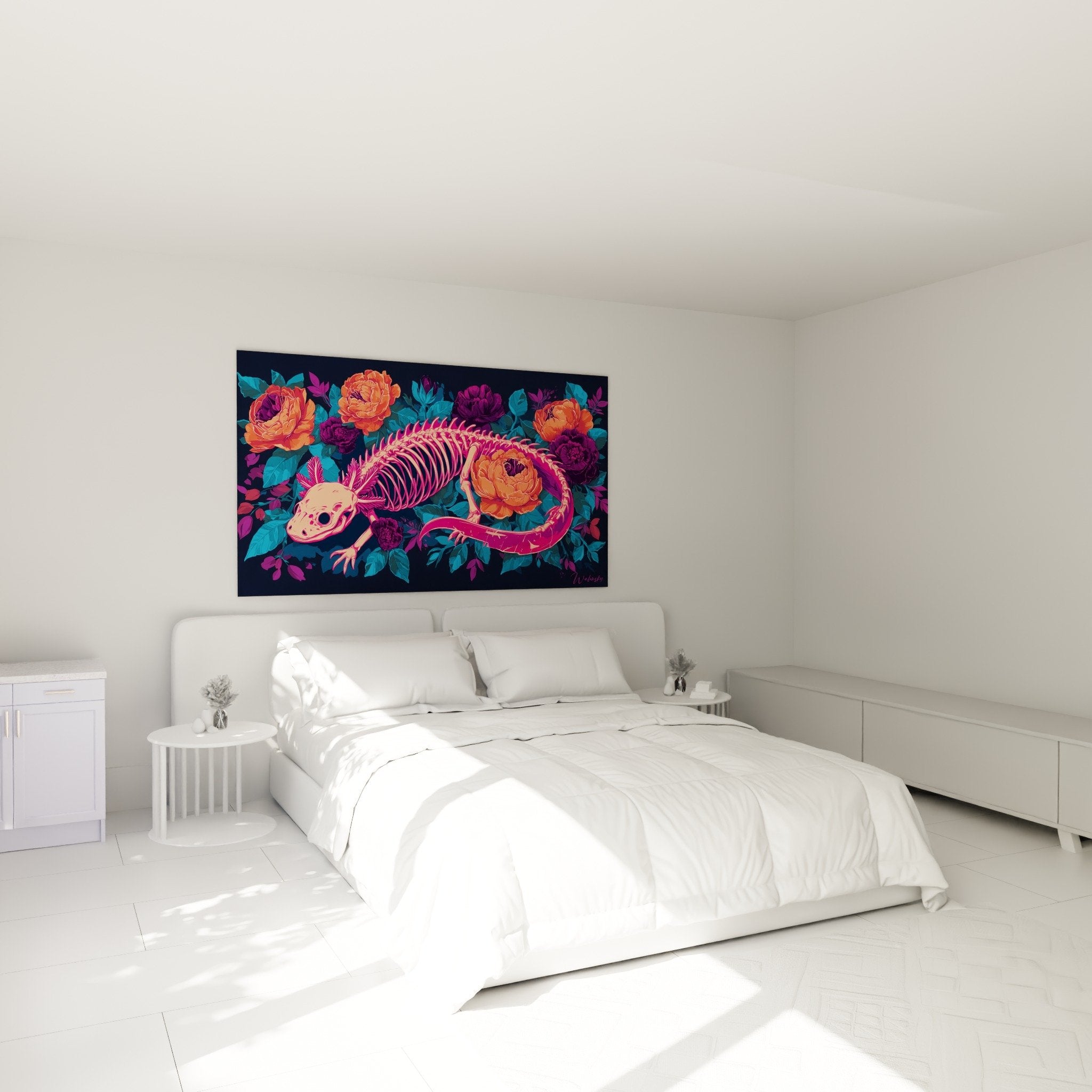 Chambre moderne avec tableau squelette axolotl floral couleurs vives décoration murale